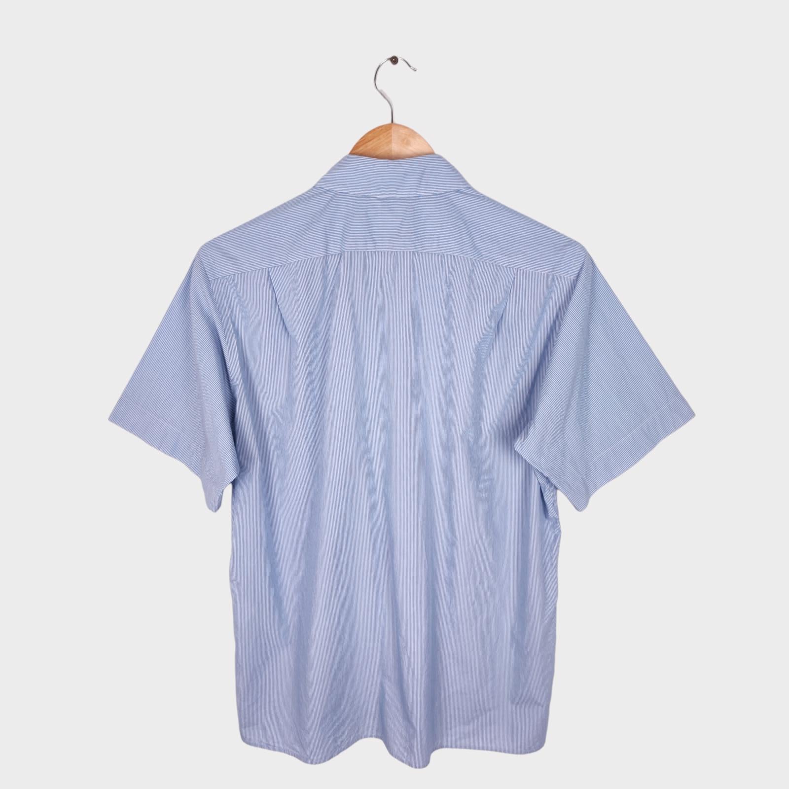 MARGARET HOWELL Men's Blue Striped Short Sleeved Cotton Shirt