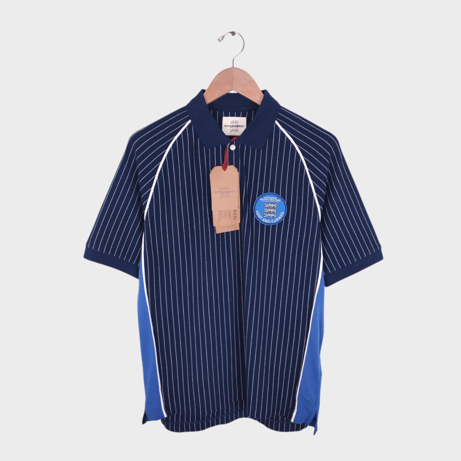 KENT & CURWEN Men's Navy Blue Striped Embroidered Patch Sports Polo Shirt