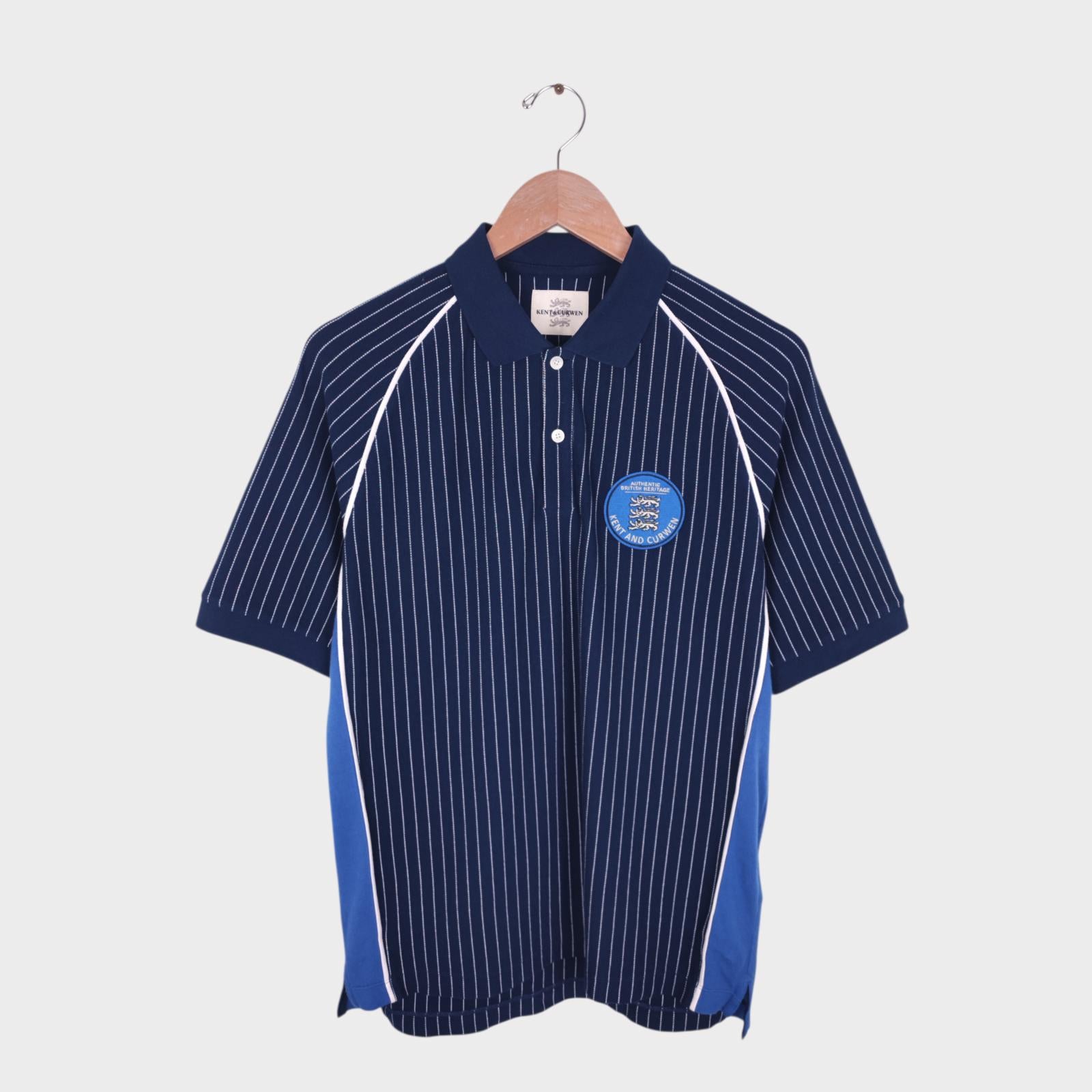 KENT & CURWEN Men's Navy Blue Striped Embroidered Patch Sports Polo Shirt
