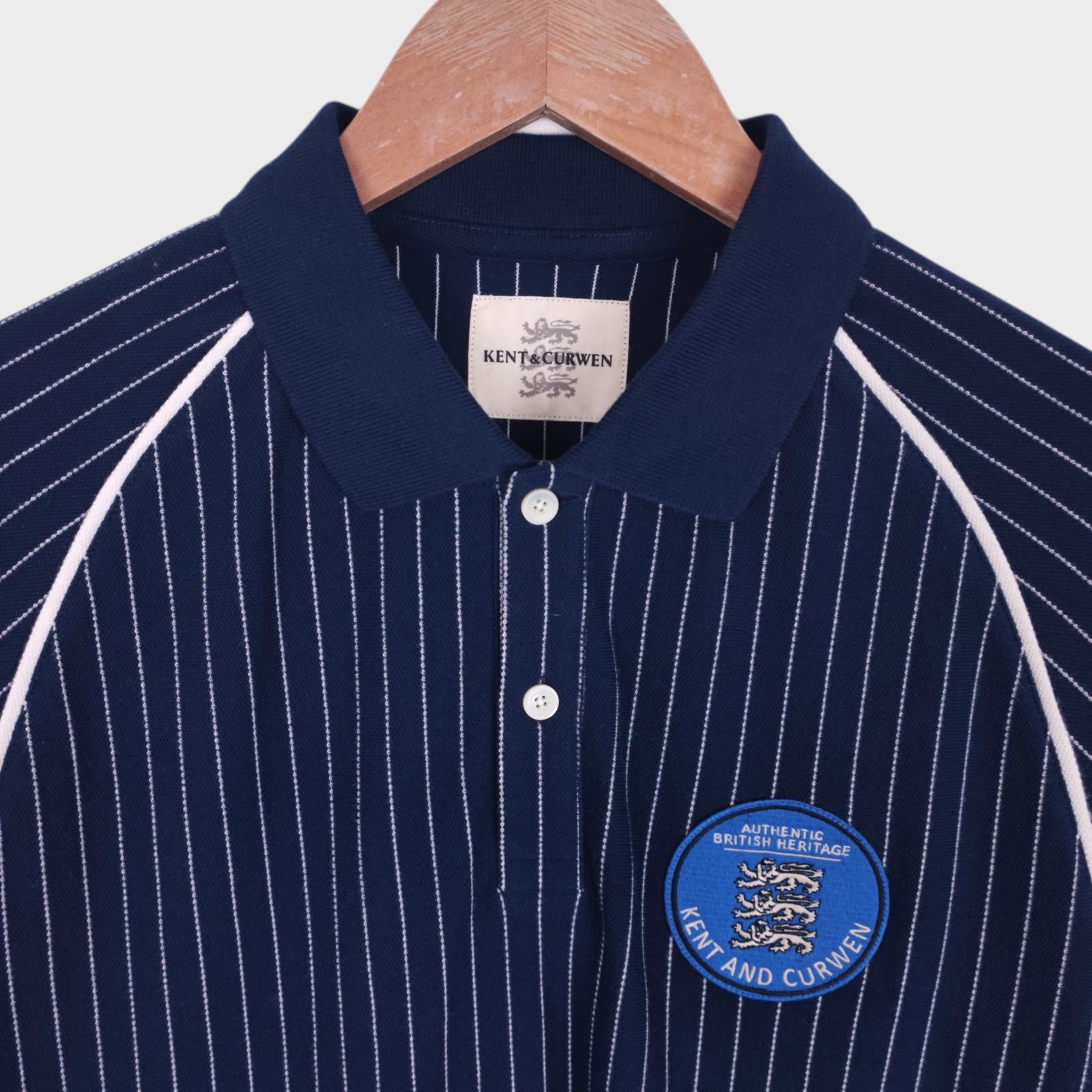 KENT & CURWEN Men's Navy Blue Striped Embroidered Patch Sports Polo Shirt