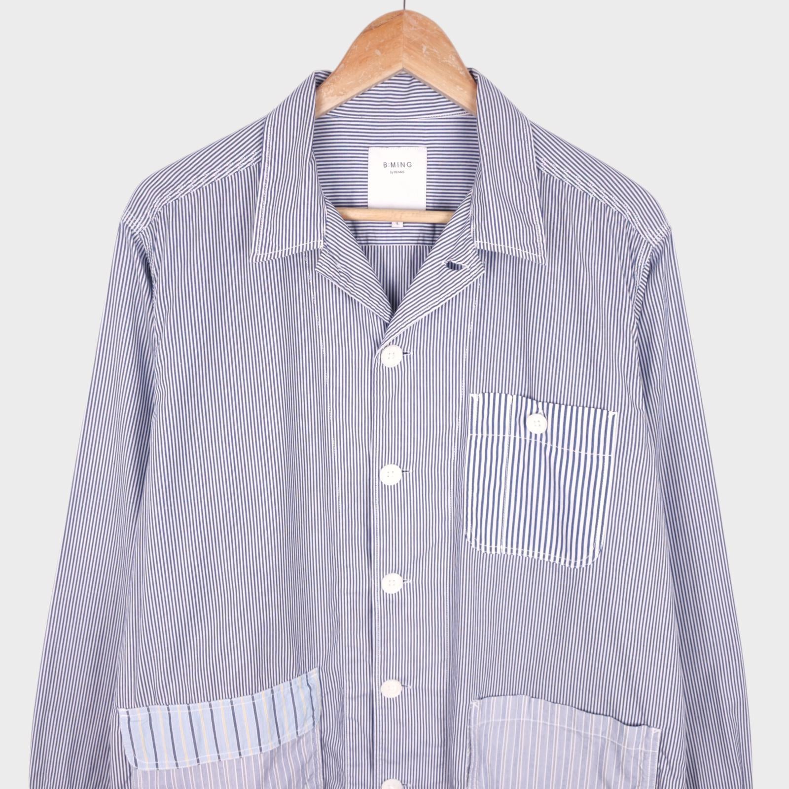 BEAMS B:MING Men's Striped Patchwork Chore Overshirt Jacket