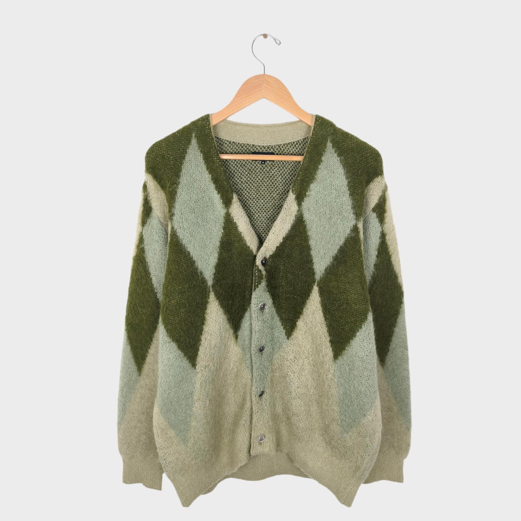 BEAMS Men's Green Argyle Wool Blend Shaggy Grunge Cardigan