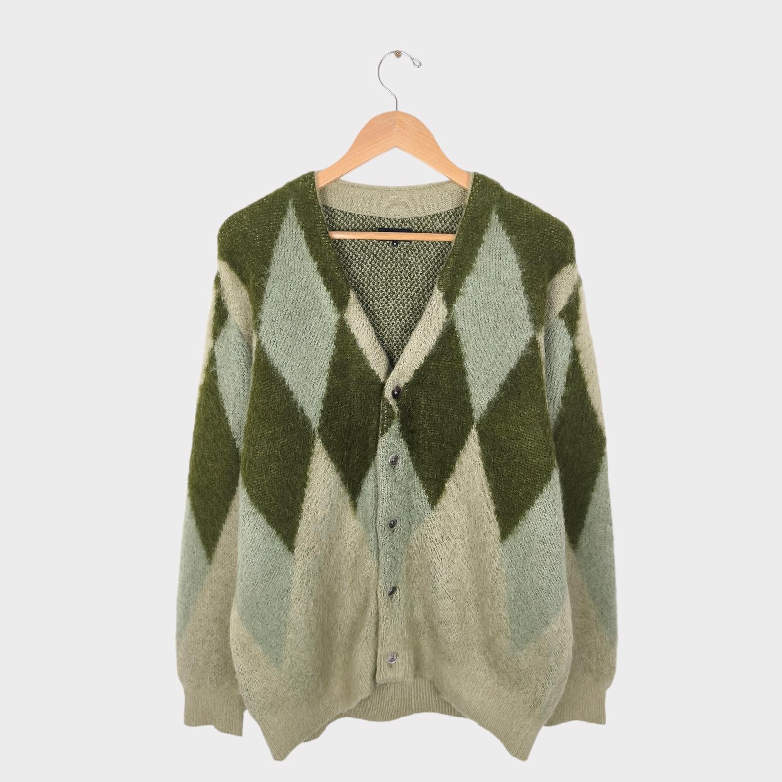 BEAMS Men's Green Argyle Wool Blend Shaggy Grunge Cardigan