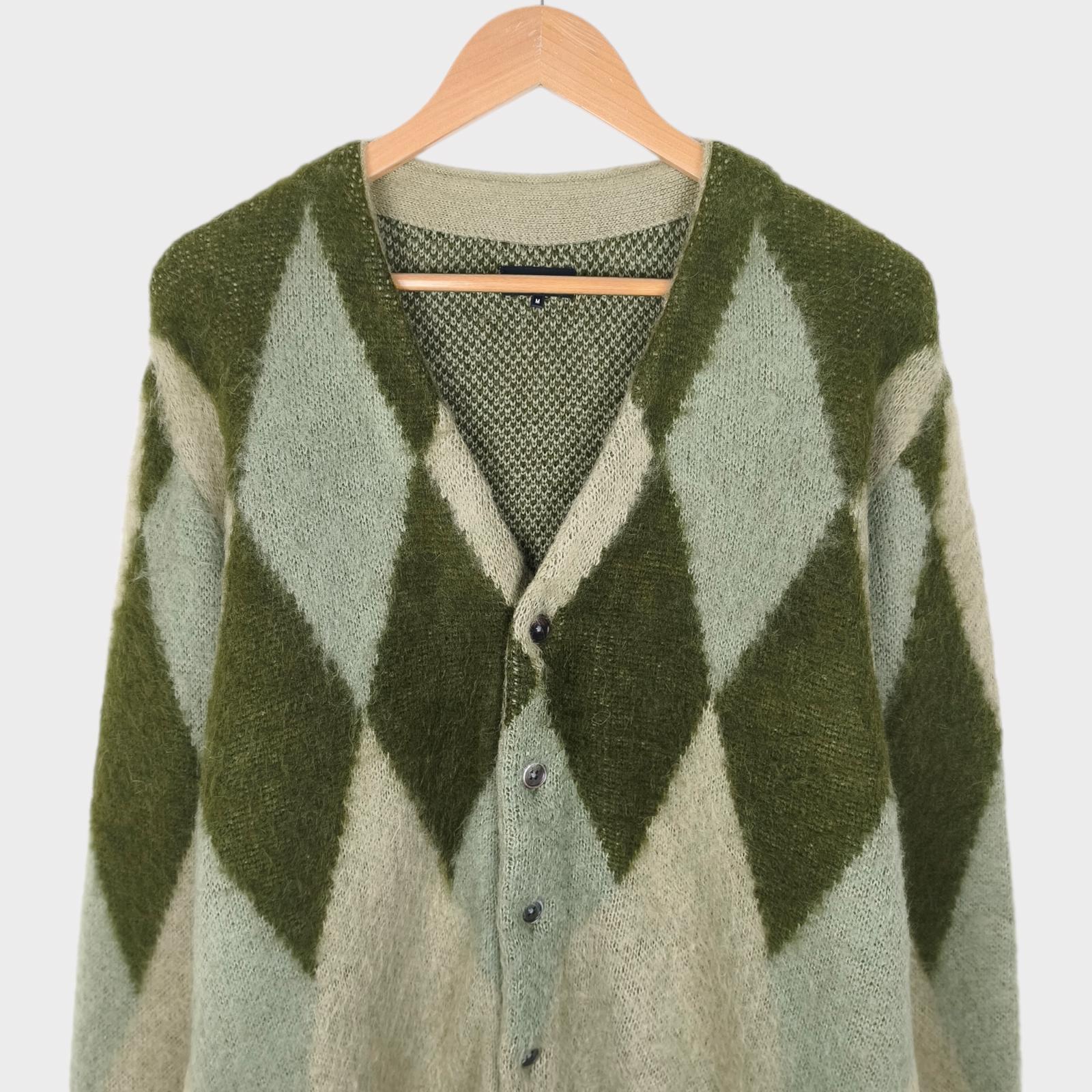 BEAMS Men's Green Argyle Wool Blend Shaggy Grunge Cardigan