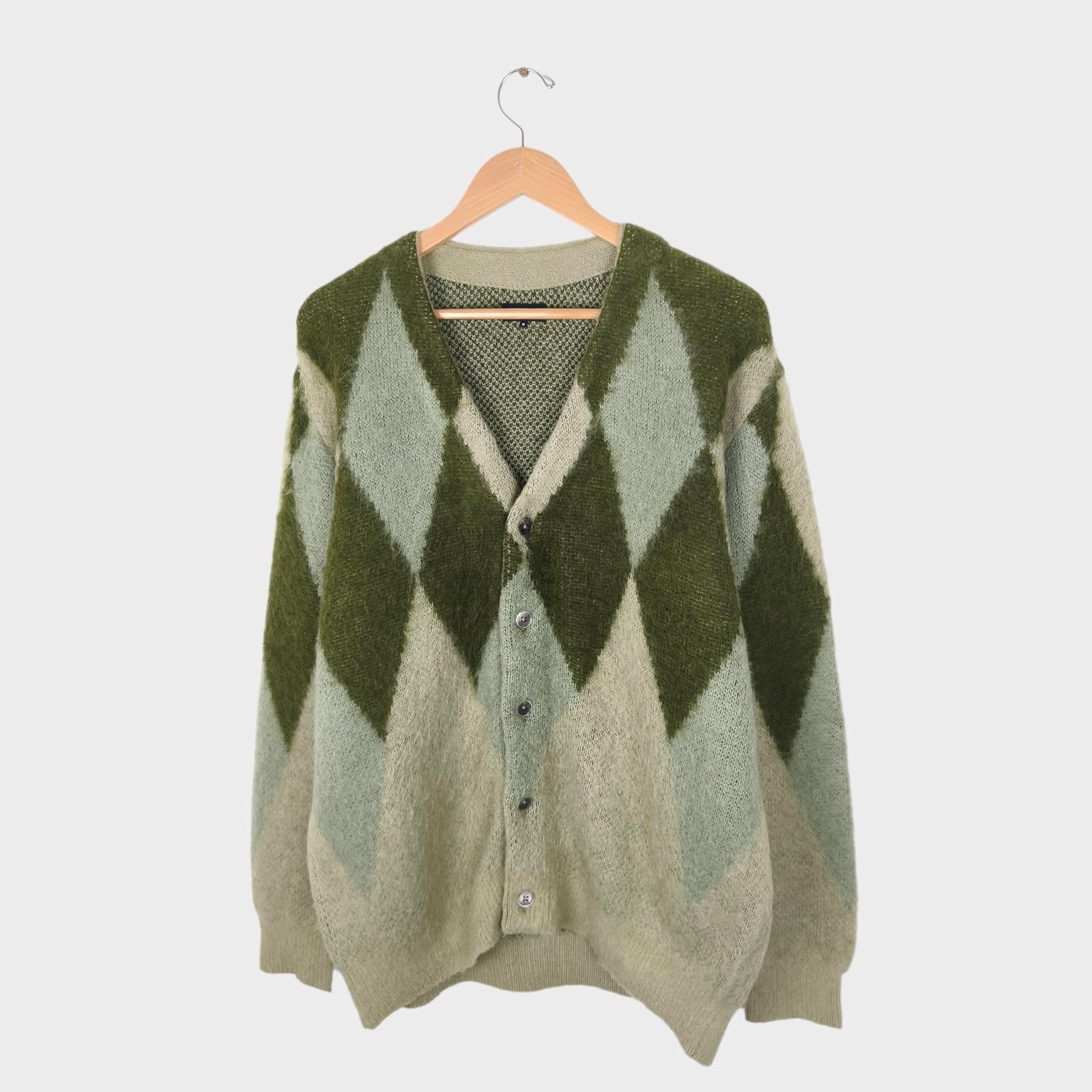 BEAMS Men's Green Argyle Wool Blend Shaggy Grunge Cardigan