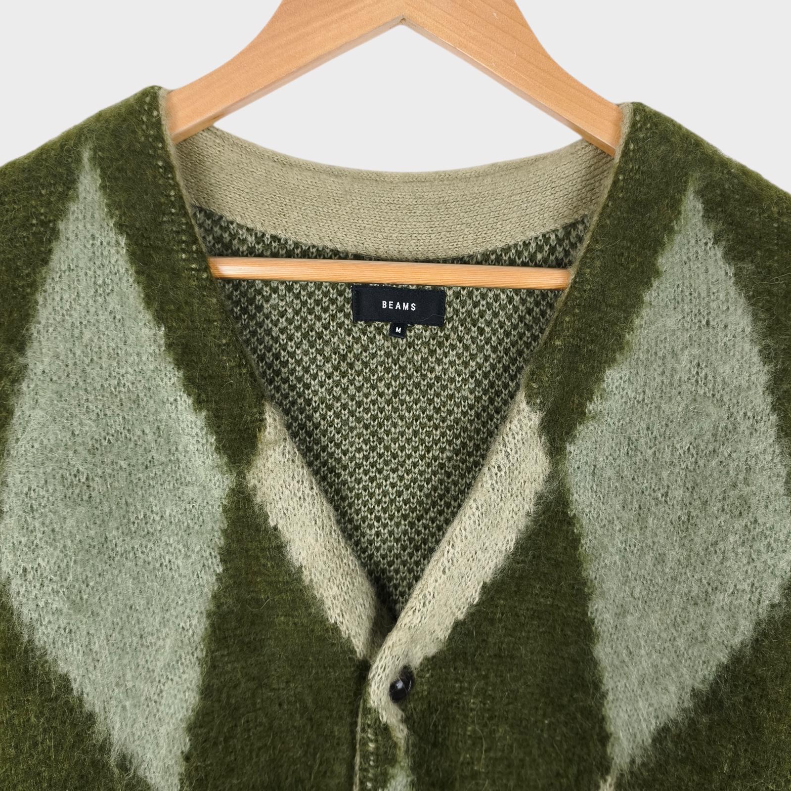 BEAMS Men's Green Argyle Wool Blend Shaggy Grunge Cardigan