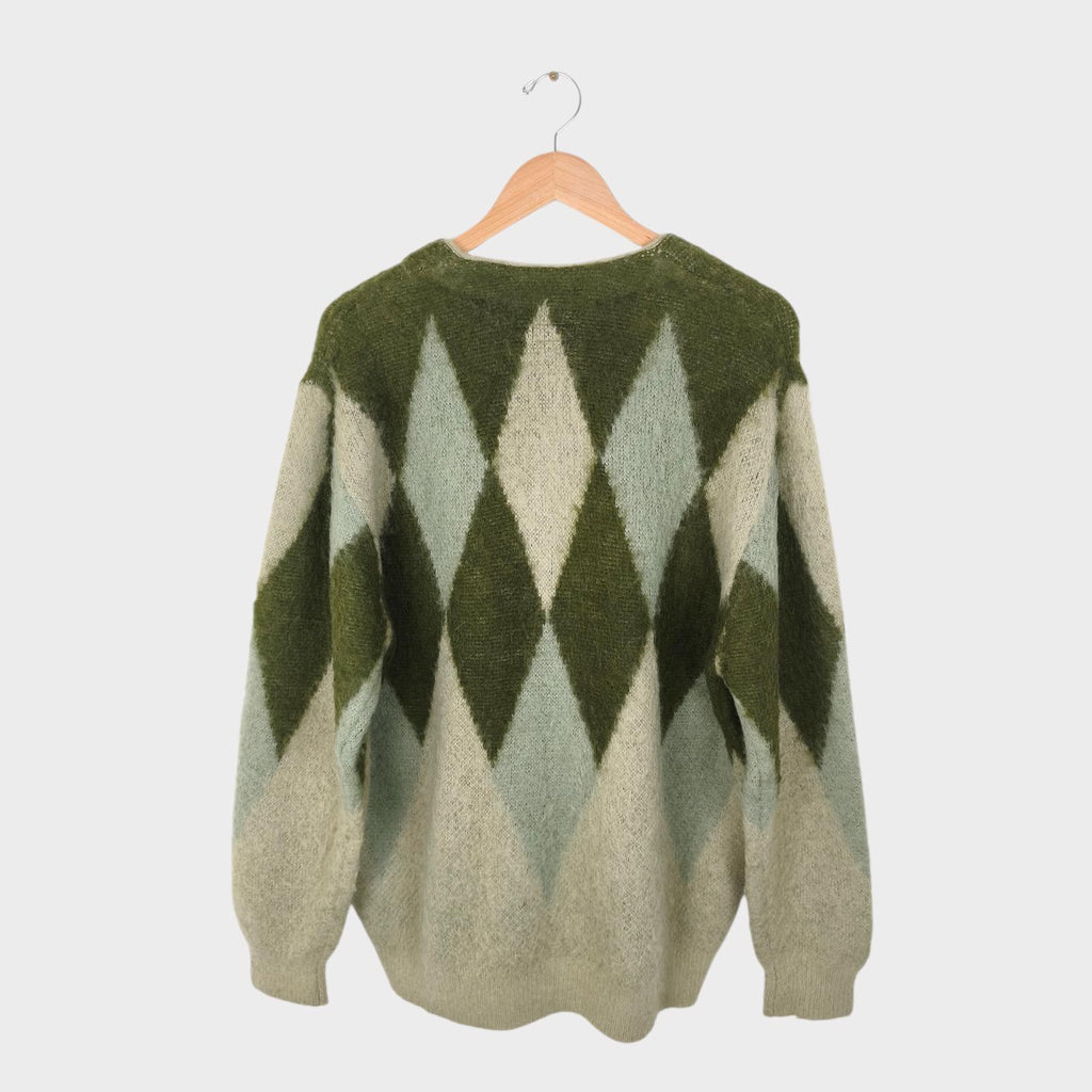 BEAMS Men's Green Argyle Wool Blend Shaggy Grunge Cardigan