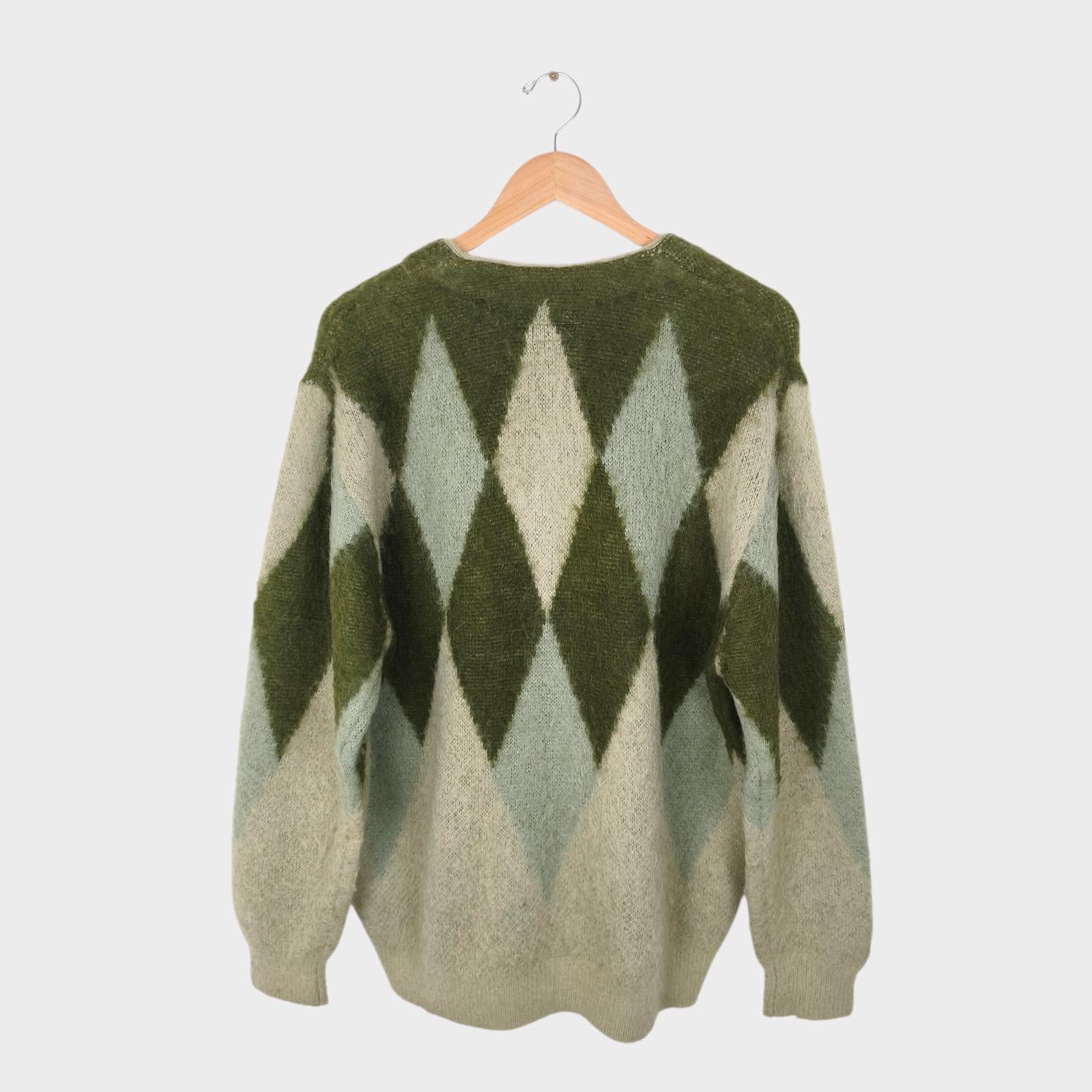 BEAMS Men's Green Argyle Wool Blend Shaggy Grunge Cardigan
