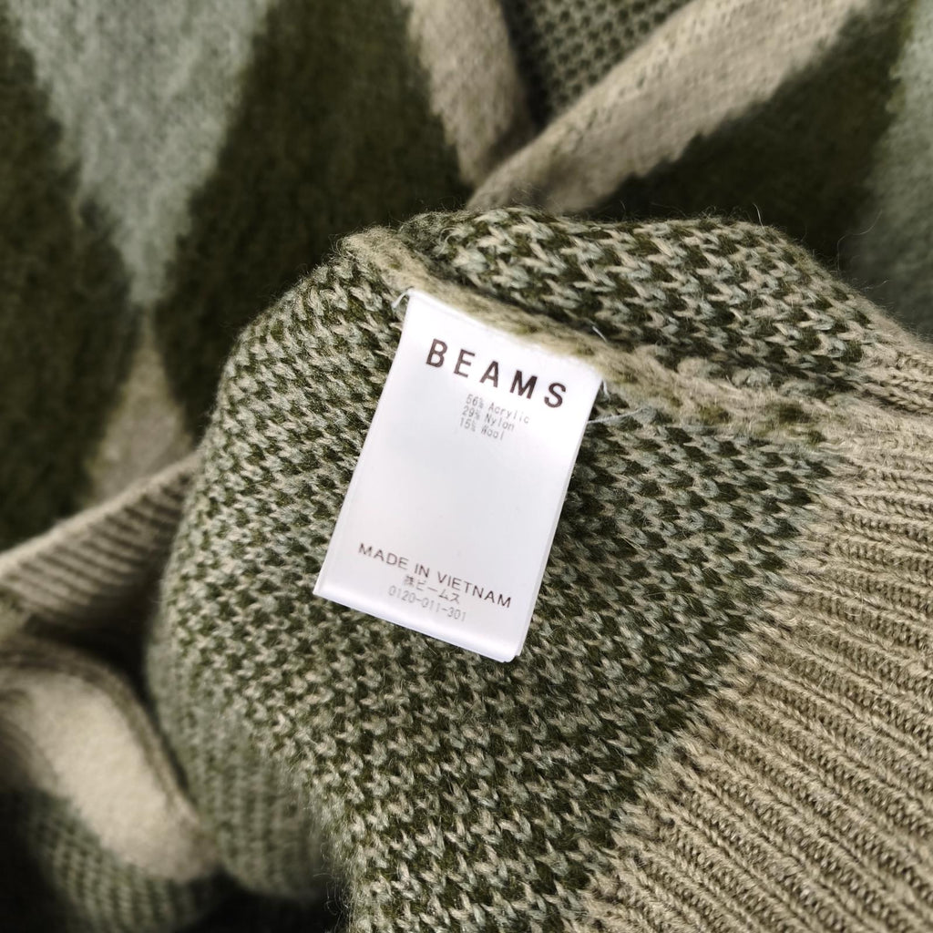 BEAMS Men's Green Argyle Wool Blend Shaggy Grunge Cardigan