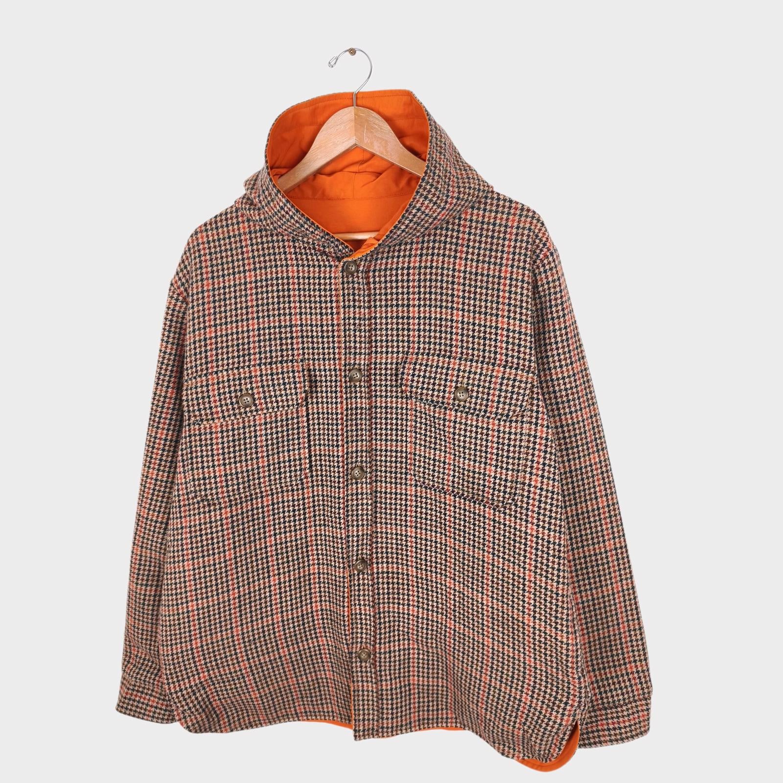 BEAMS PLUS Men's Orange/Dogtooth Reversible Wool Blend Mountain Parka Jacket