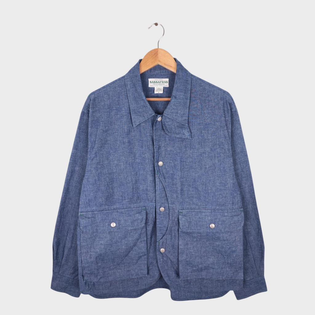SASSAFRAS Men's Made in Japan Blue Chambray Plant Hunter Utility Jacket