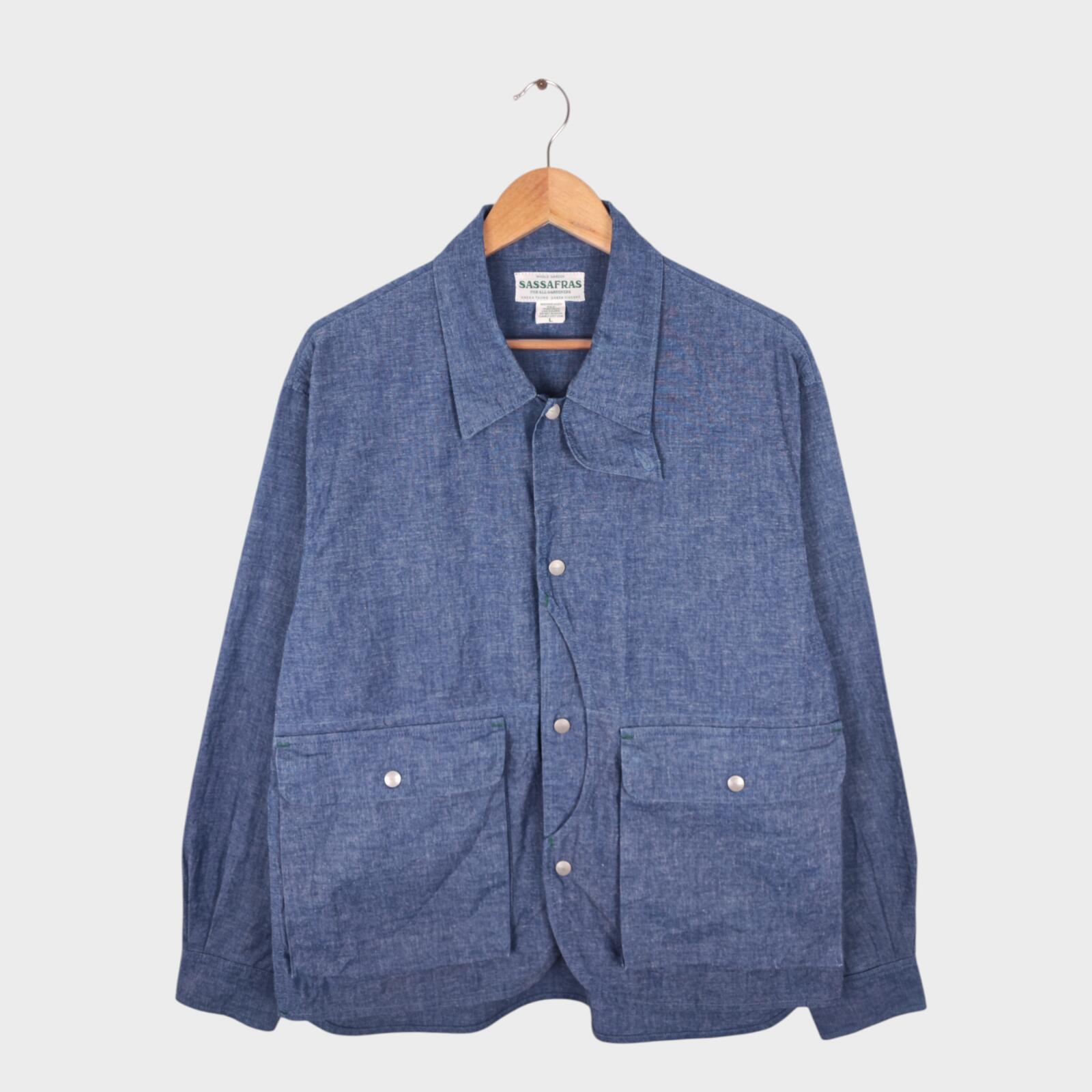 SASSAFRAS Men's Made in Japan Blue Chambray Plant Hunter Utility Jacket