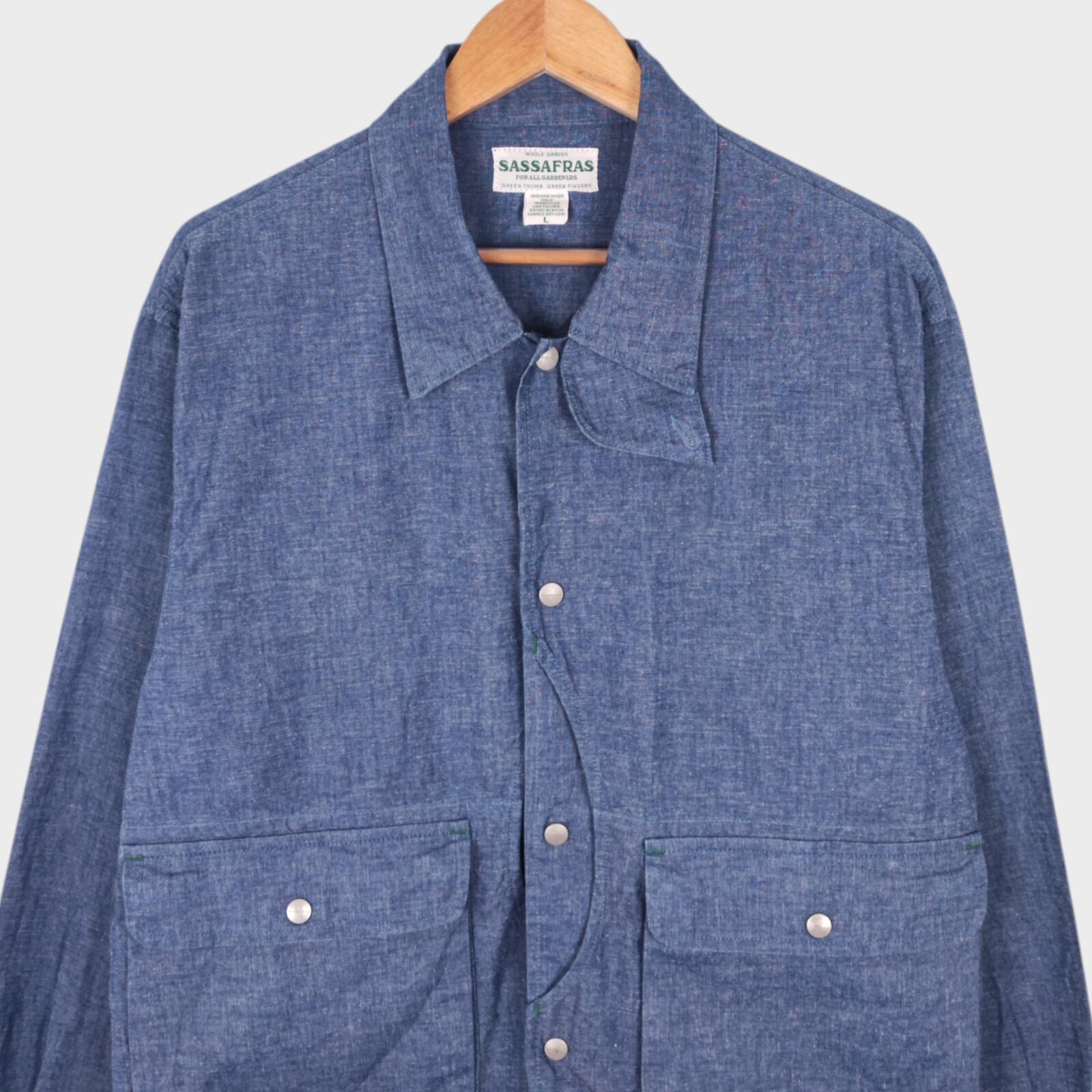 SASSAFRAS Men's Made in Japan Blue Chambray Plant Hunter Utility Jacket