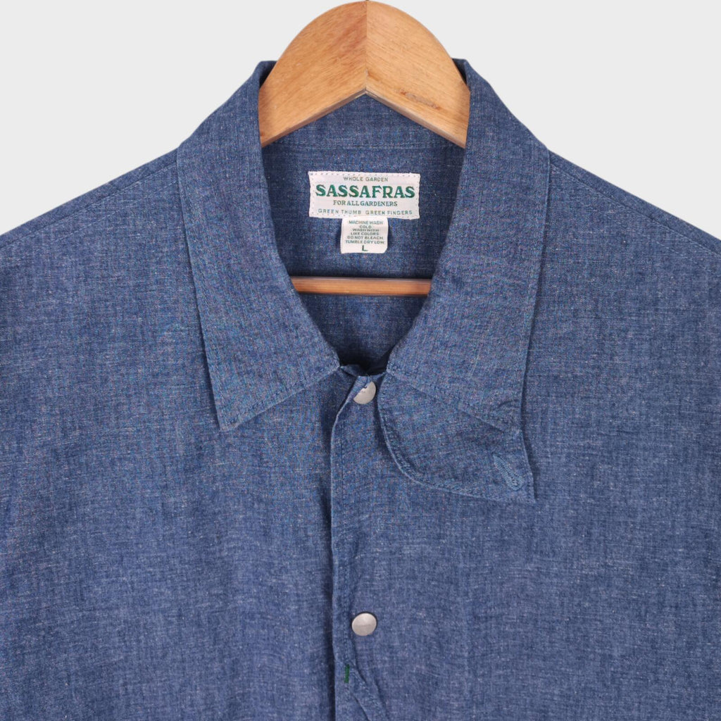 SASSAFRAS Men's Made in Japan Blue Chambray Plant Hunter Utility Jacket