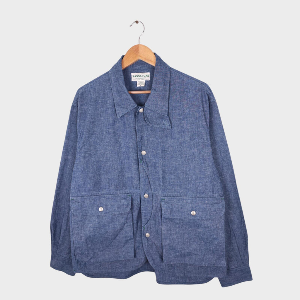 SASSAFRAS Men's Made in Japan Blue Chambray Plant Hunter Utility Jacket
