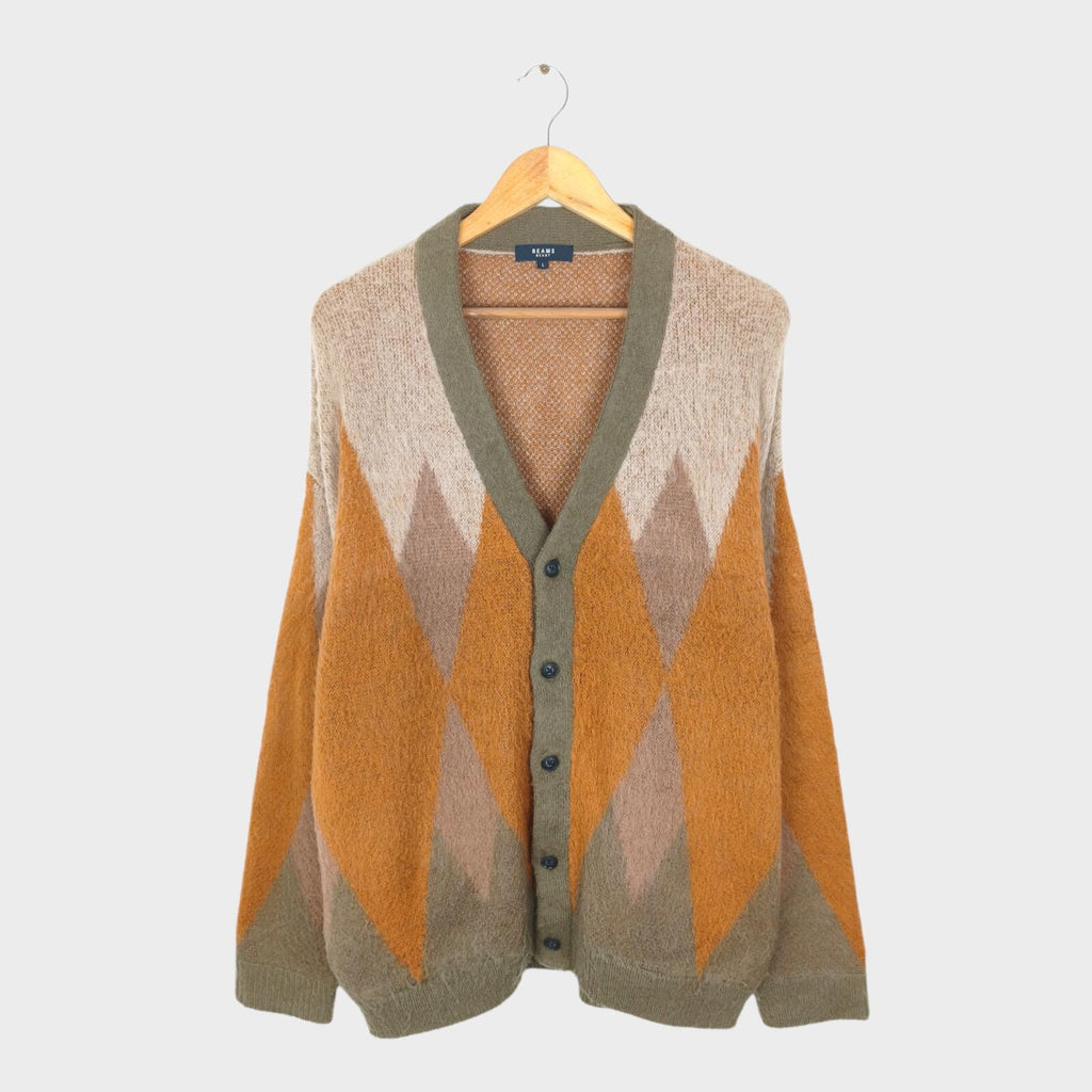 BEAMS HEART Men's Mohair Blend Shaggy Grunge Argyle Cardigan