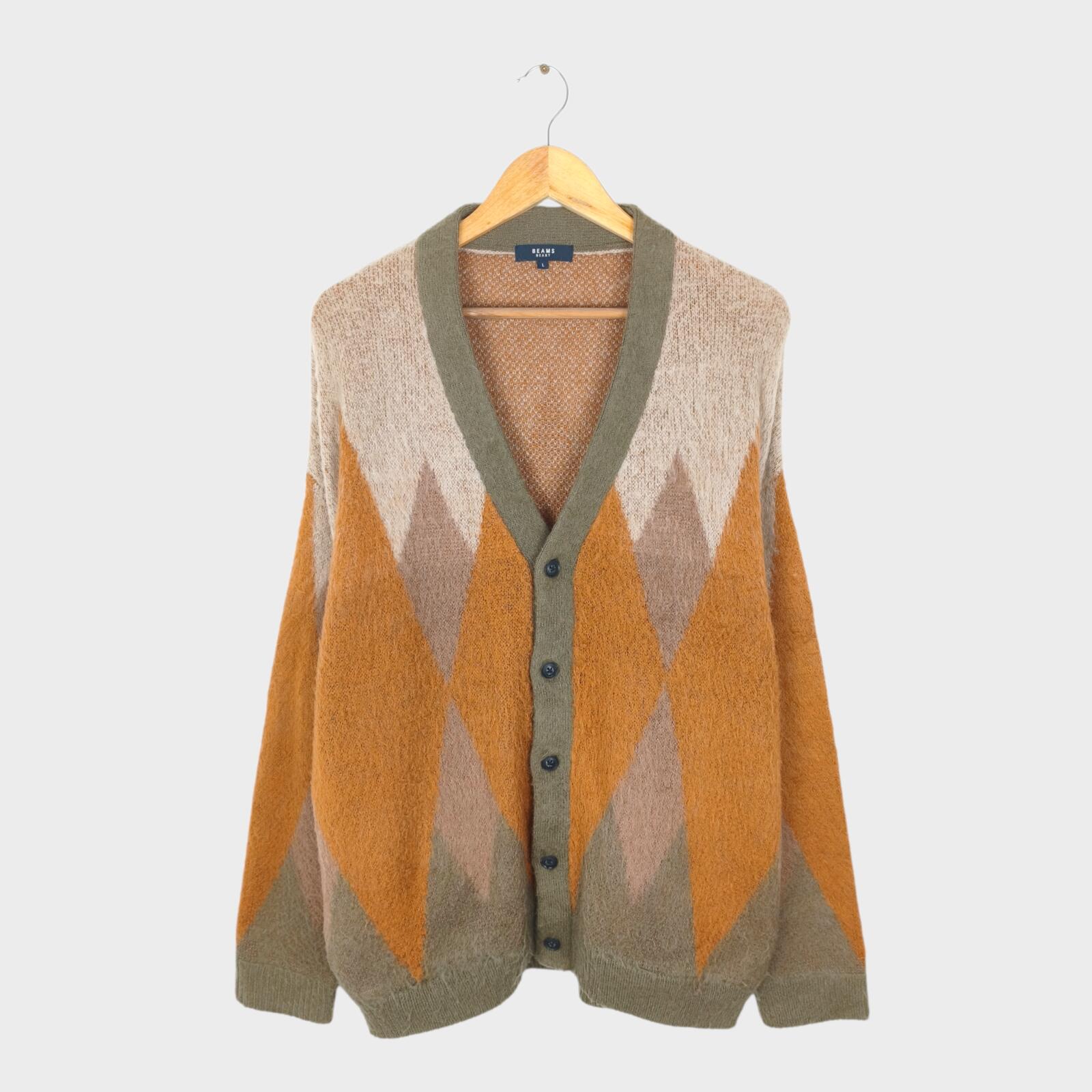 BEAMS HEART Men's Mohair Blend Shaggy Grunge Argyle Cardigan