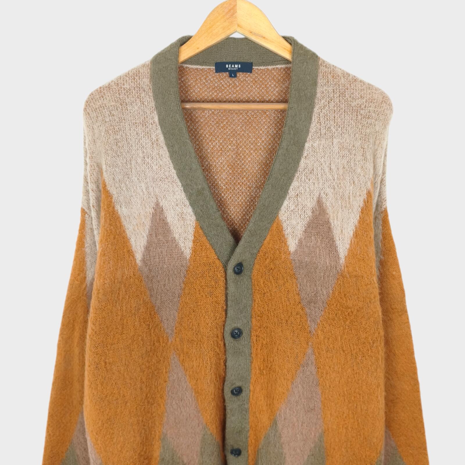 BEAMS HEART Men's Mohair Blend Shaggy Grunge Argyle Cardigan