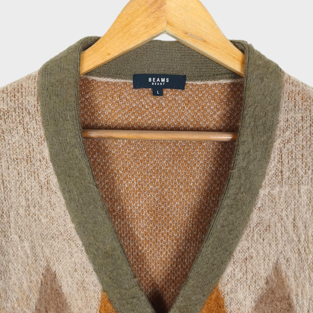 BEAMS HEART Men's Mohair Blend Shaggy Grunge Argyle Cardigan