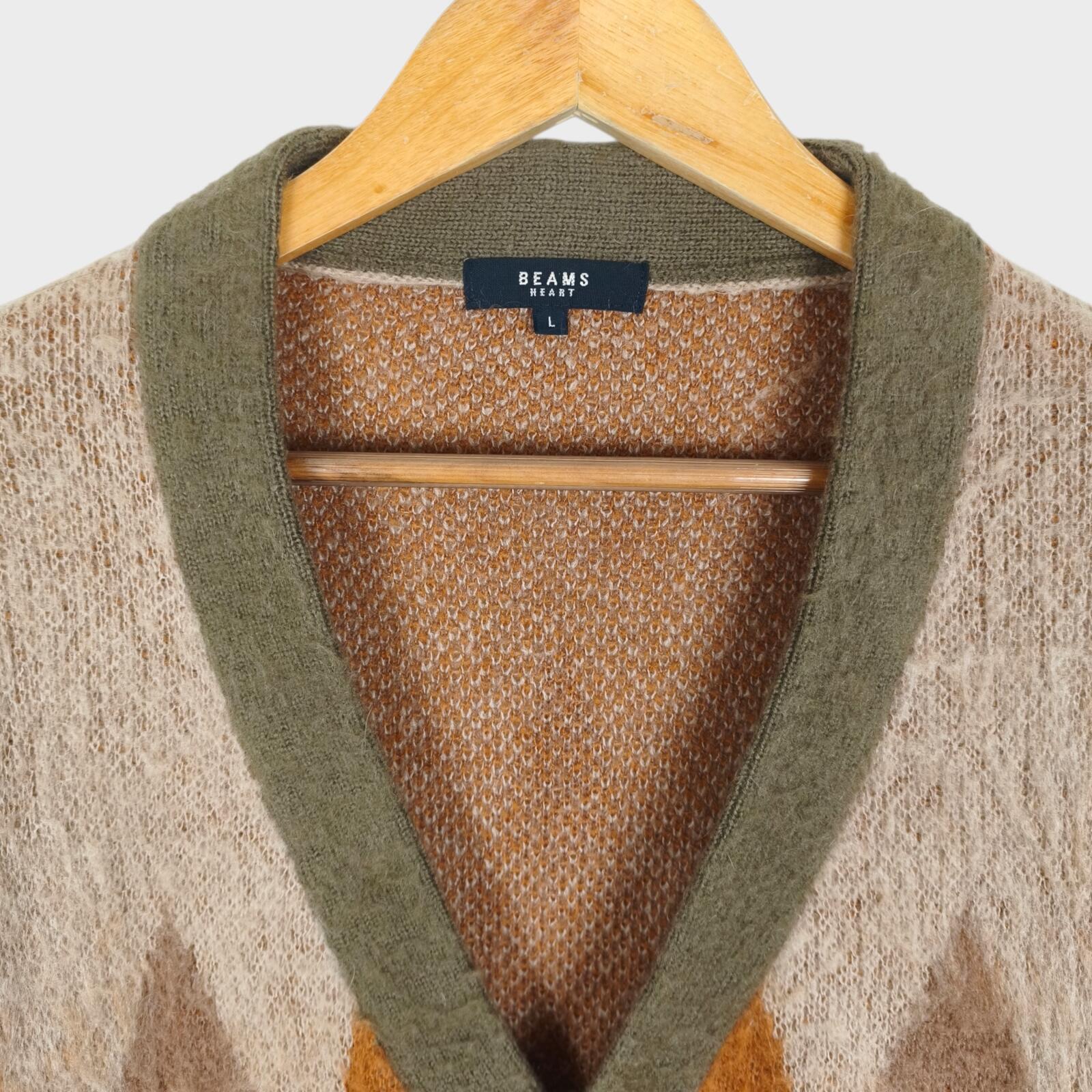 BEAMS HEART Men's Mohair Blend Shaggy Grunge Argyle Cardigan
