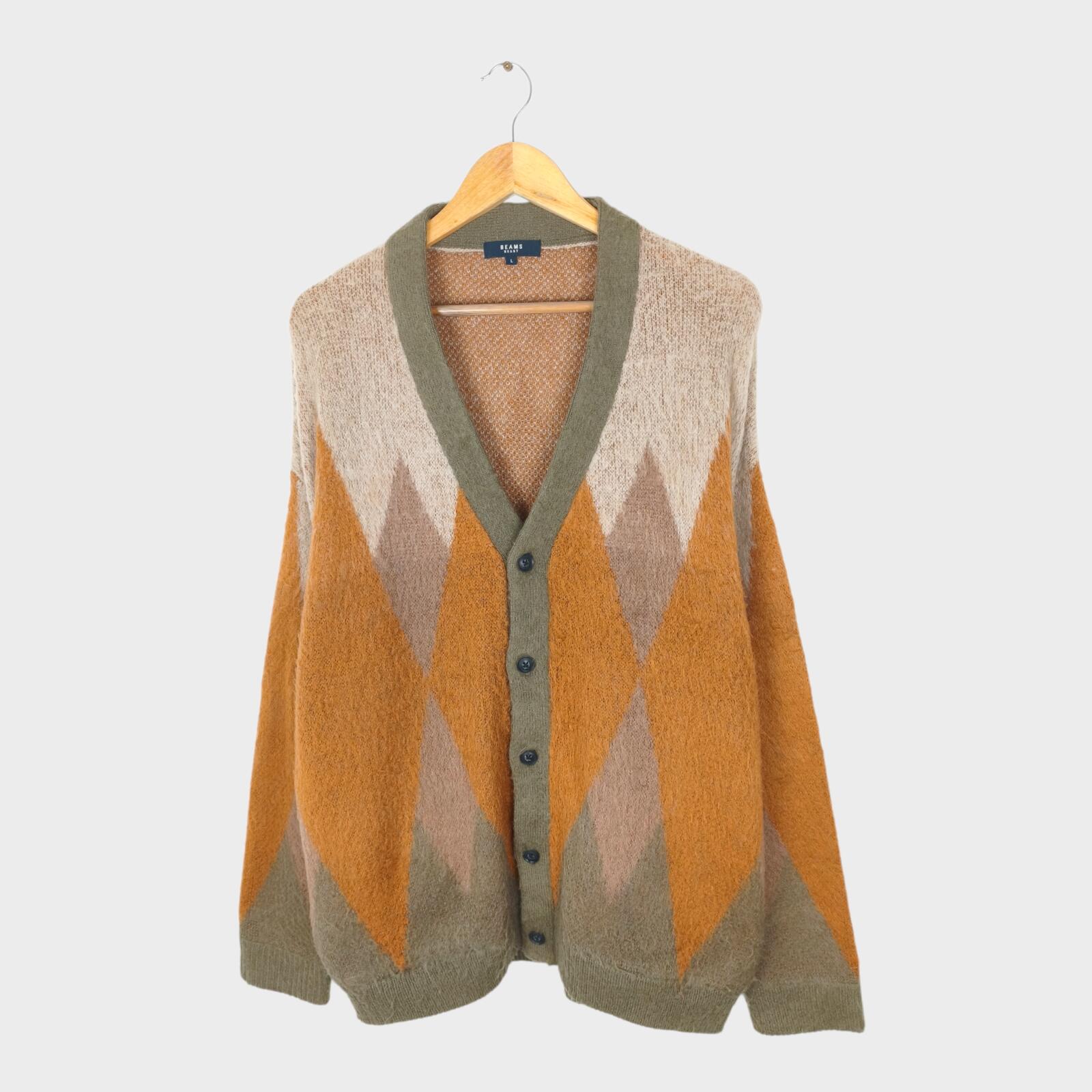 BEAMS HEART Men's Mohair Blend Shaggy Grunge Argyle Cardigan