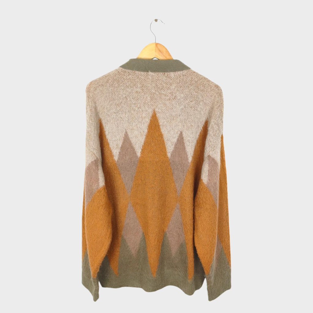 BEAMS HEART Men's Mohair Blend Shaggy Grunge Argyle Cardigan