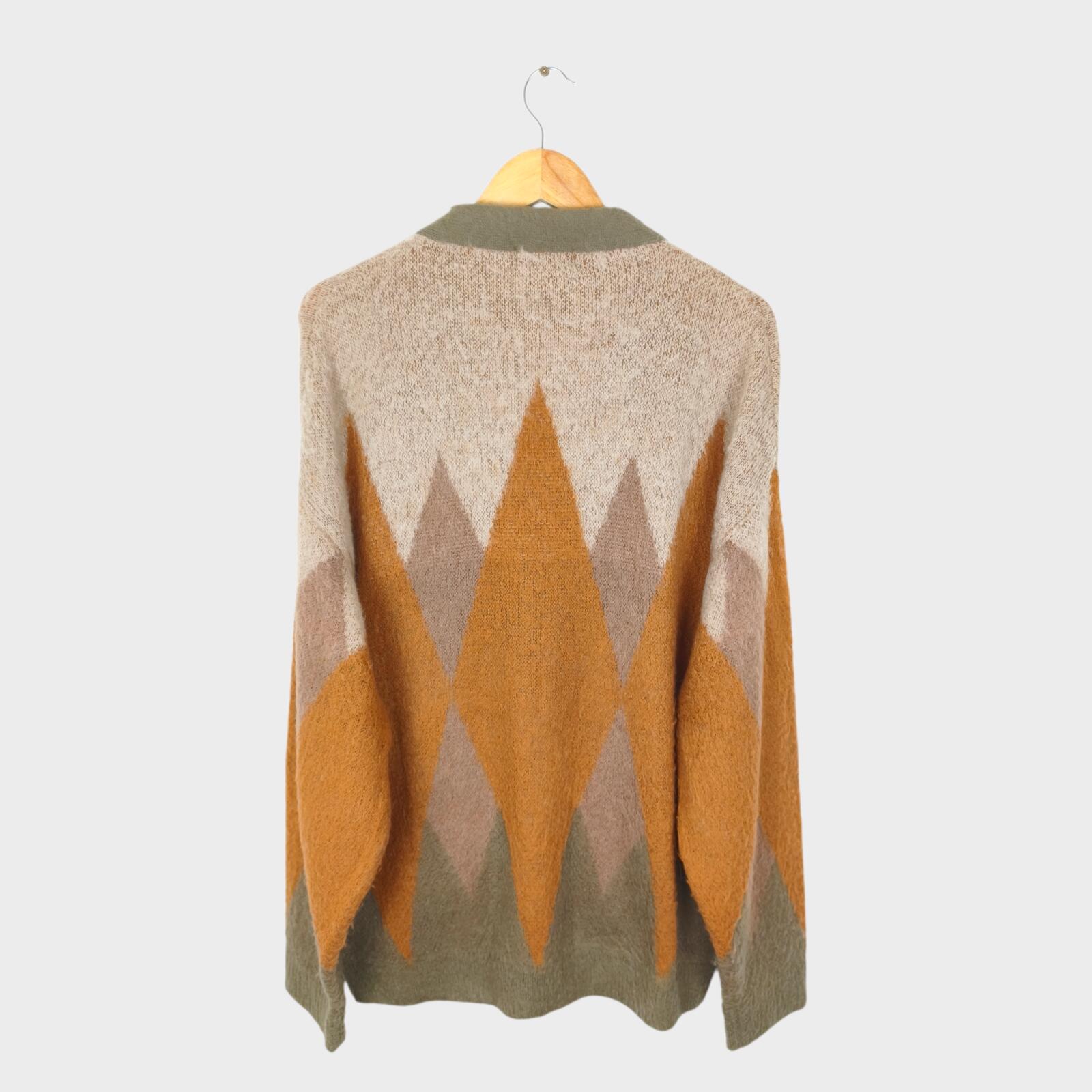 BEAMS HEART Men's Mohair Blend Shaggy Grunge Argyle Cardigan