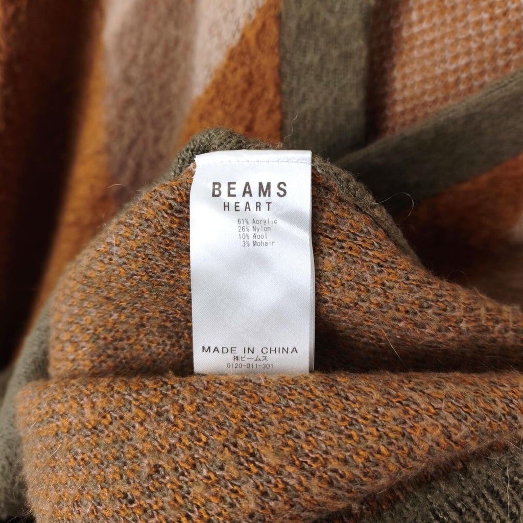 BEAMS HEART Men's Mohair Blend Shaggy Grunge Argyle Cardigan
