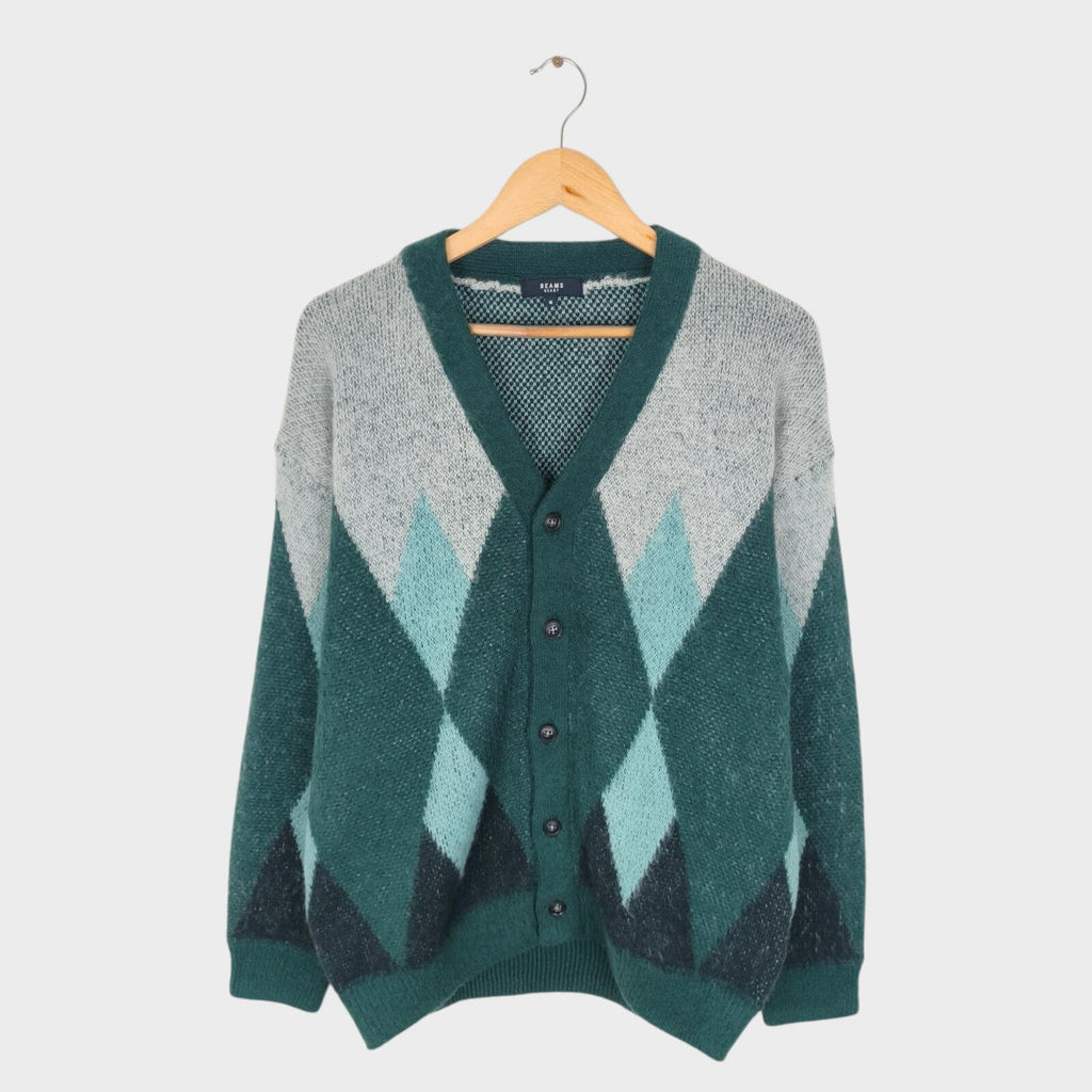 BEAMS HEART Men's Green Shaggy Grunge Argyle Cardigan