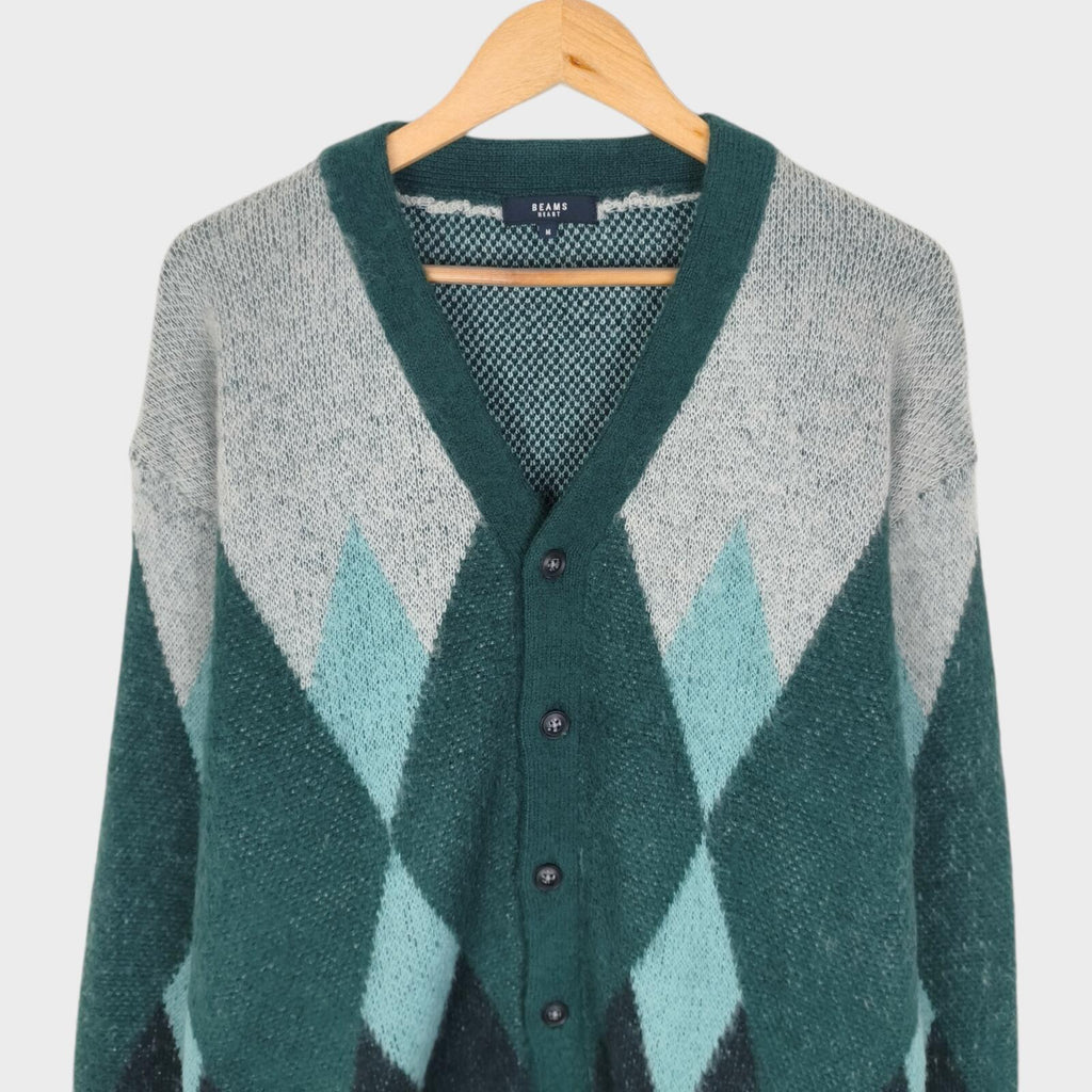 BEAMS HEART Men's Green Shaggy Grunge Argyle Cardigan