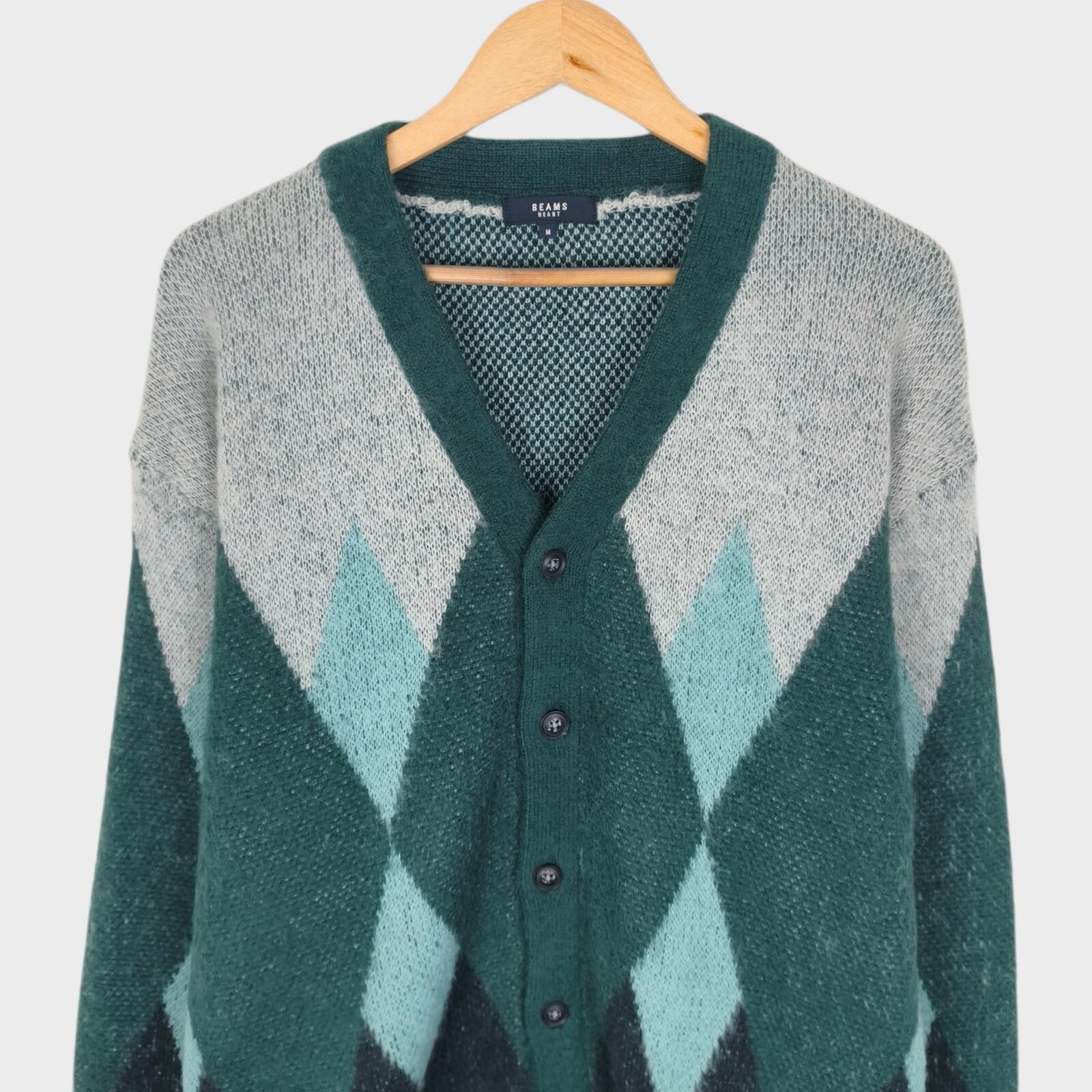 BEAMS HEART Men's Green Shaggy Grunge Argyle Cardigan