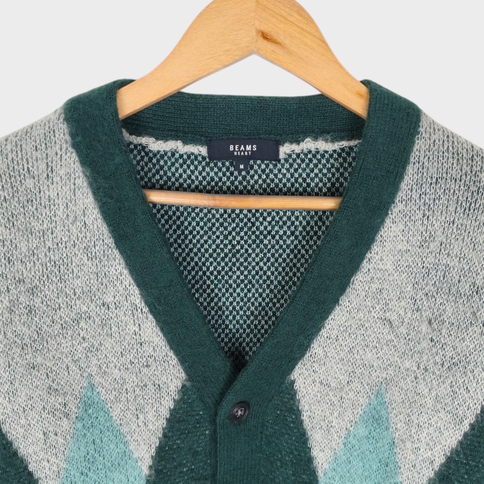 BEAMS HEART Men's Green Shaggy Grunge Argyle Cardigan