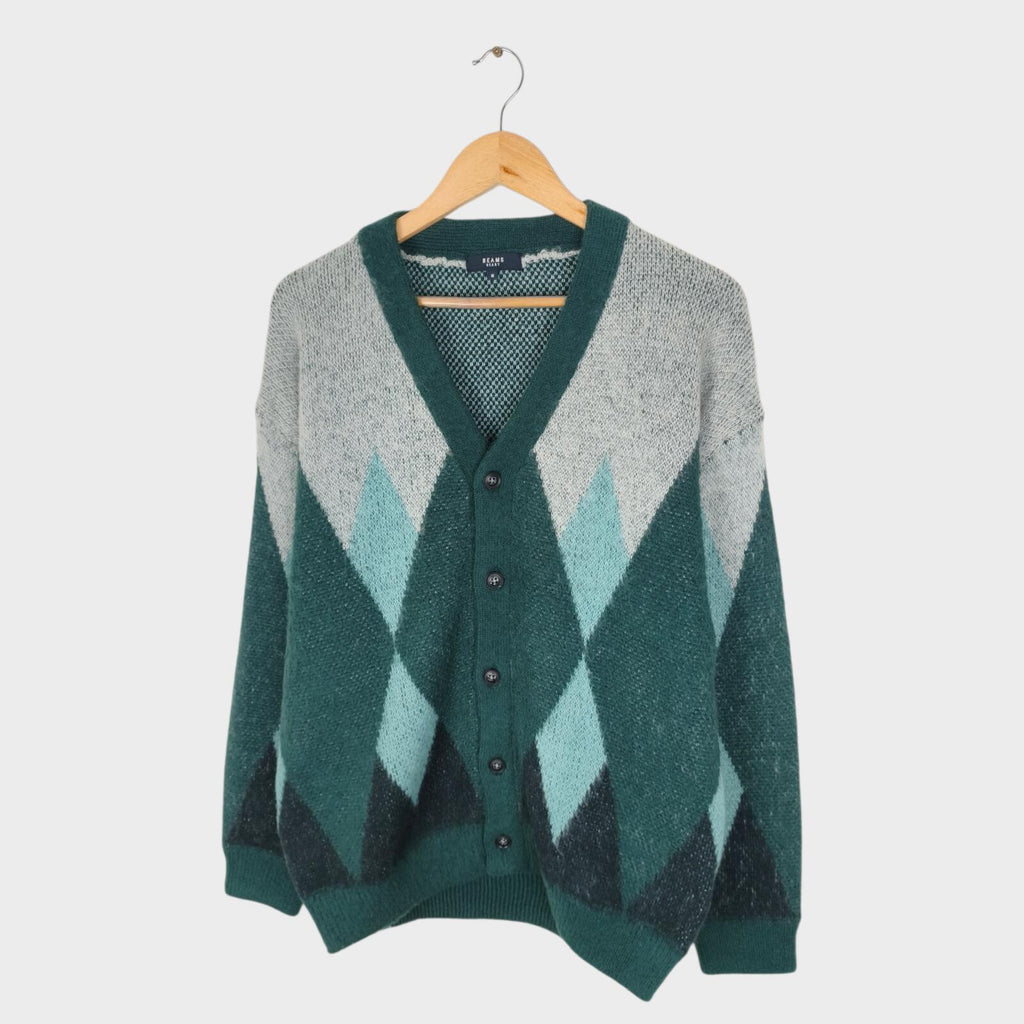 BEAMS HEART Men's Green Shaggy Grunge Argyle Cardigan