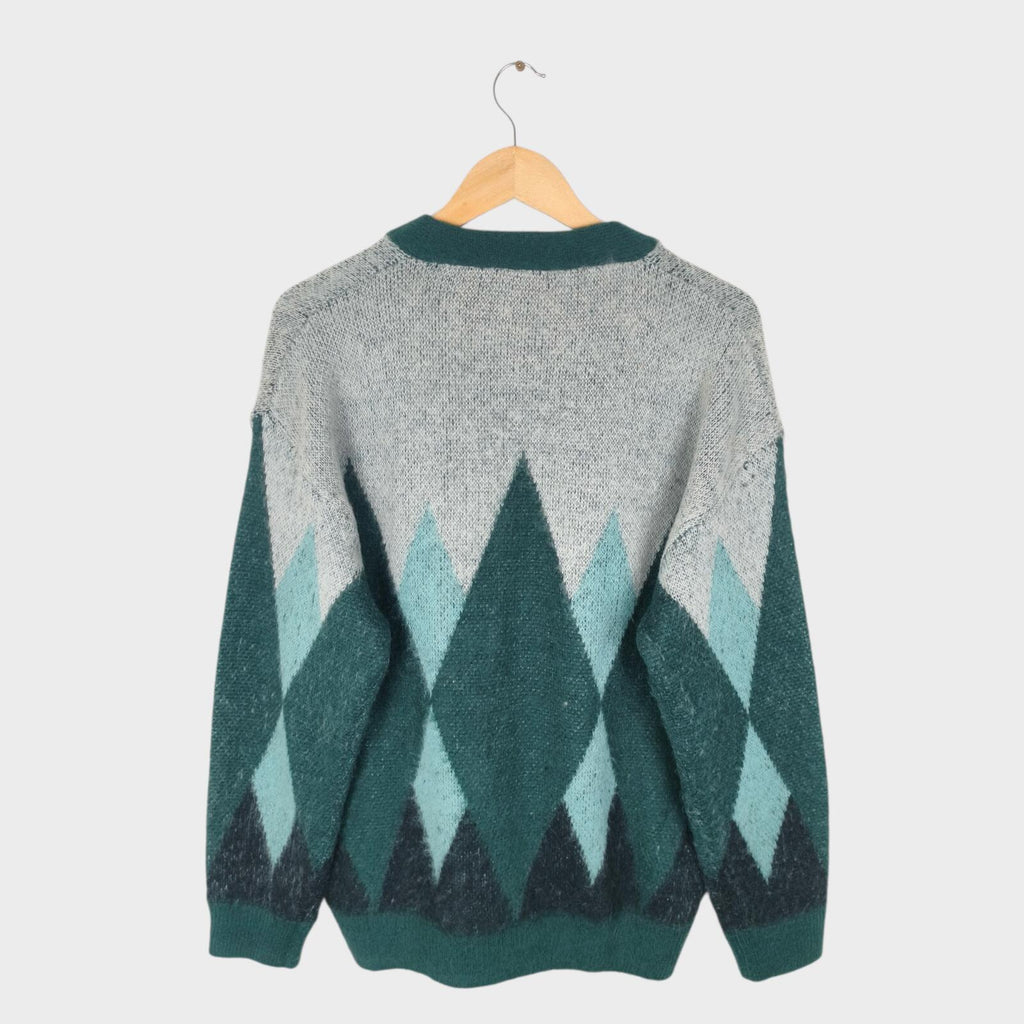 BEAMS HEART Men's Green Shaggy Grunge Argyle Cardigan