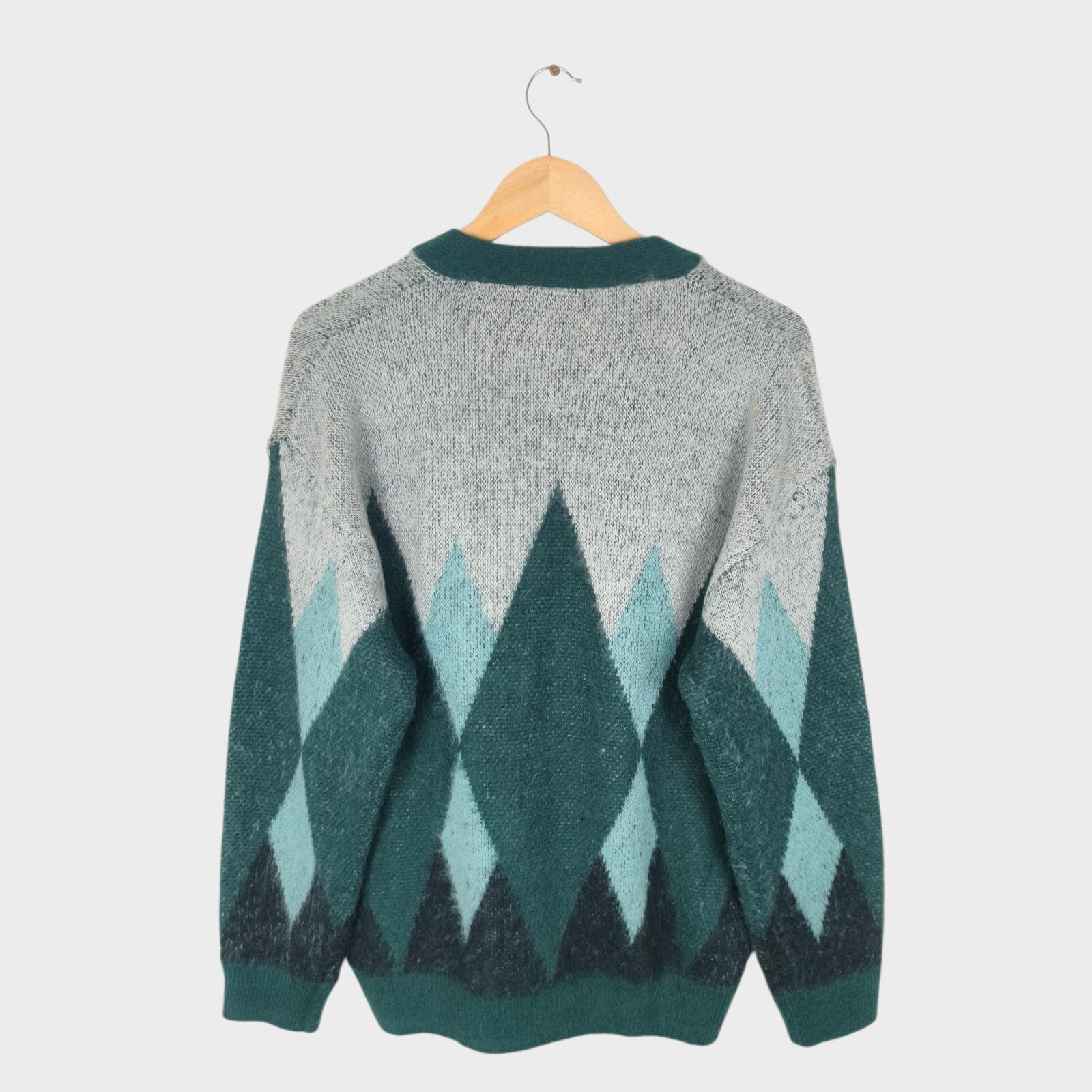 BEAMS HEART Men's Green Shaggy Grunge Argyle Cardigan