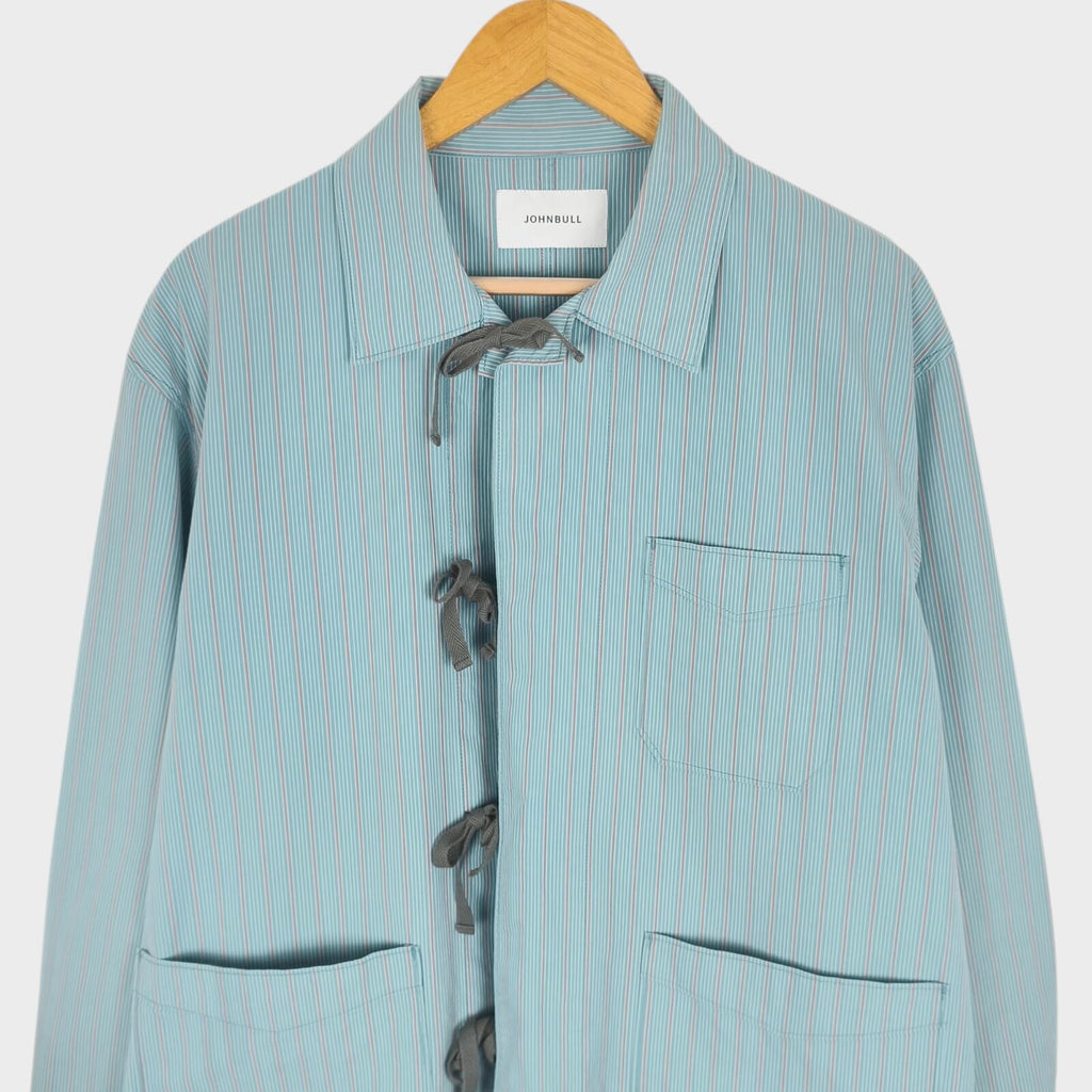 JOHNBULL Japan Men's Light Blue Striped Tie Fastening Chore Overshirt Jacket