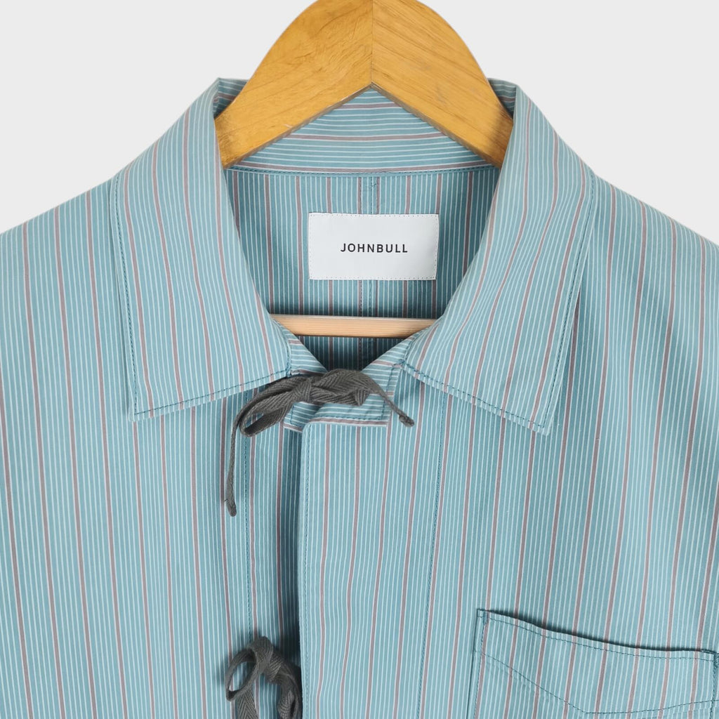 JOHNBULL Japan Men's Light Blue Striped Tie Fastening Chore Overshirt Jacket