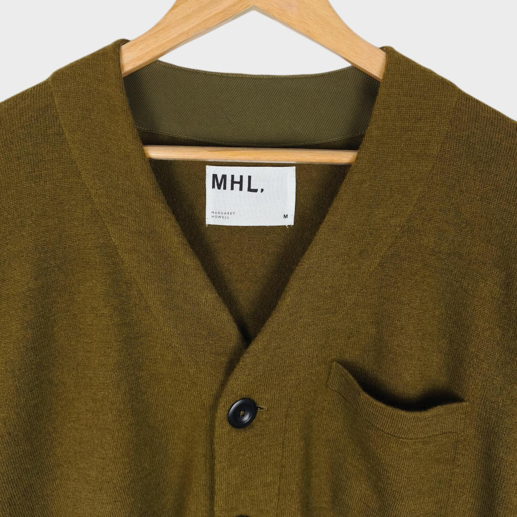 MHL MARGARET HOWELL Men's Khaki Green 100% Wool Cardigan