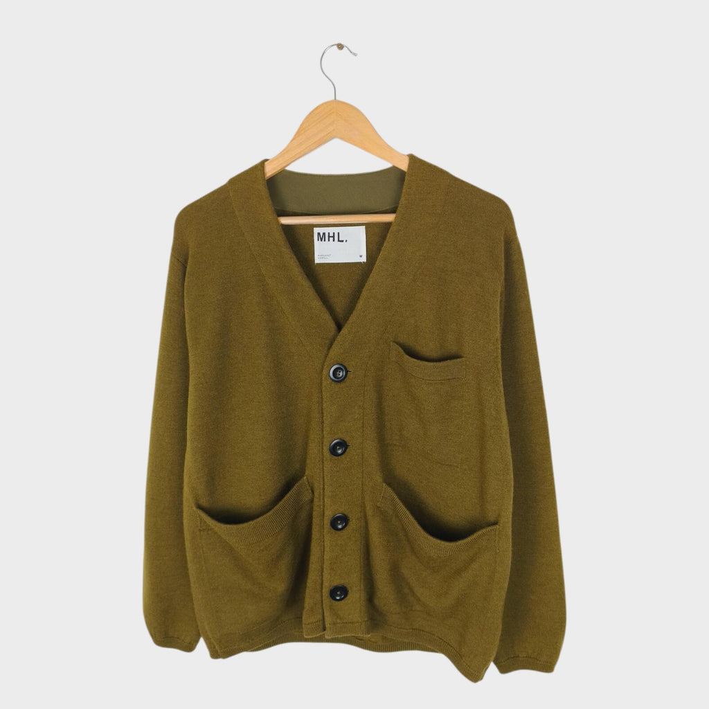 MHL MARGARET HOWELL Men's Khaki Green 100% Wool Cardigan