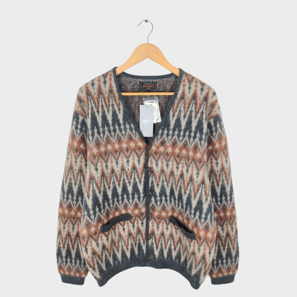 BEAMS PLUS Men's Mohair Blend Shaggy Grunge Chevron Jacquard Cardigan