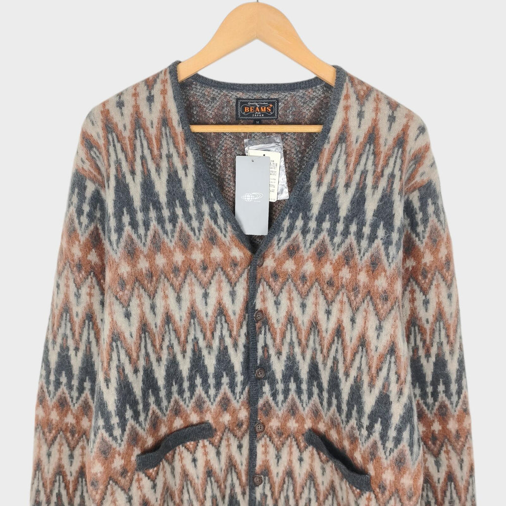 BEAMS PLUS Men's Mohair Blend Shaggy Grunge Chevron Jacquard Cardigan