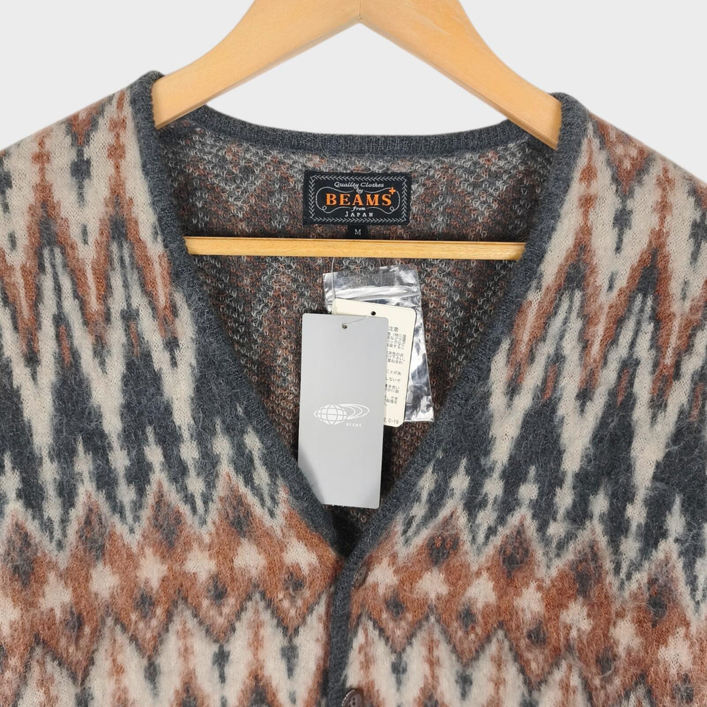 BEAMS PLUS Men's Mohair Blend Shaggy Grunge Chevron Jacquard Cardigan
