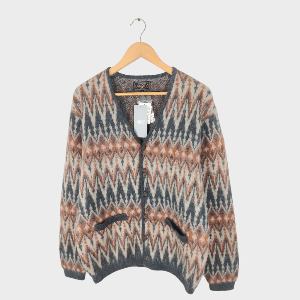 BEAMS PLUS Men's Mohair Blend Shaggy Grunge Chevron Jacquard Cardigan