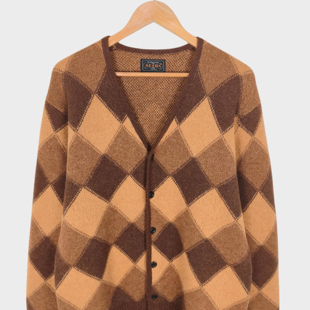 BEAMS PLUS Men's Wool Silk Blend Double Argyle Jacquard Cardigan