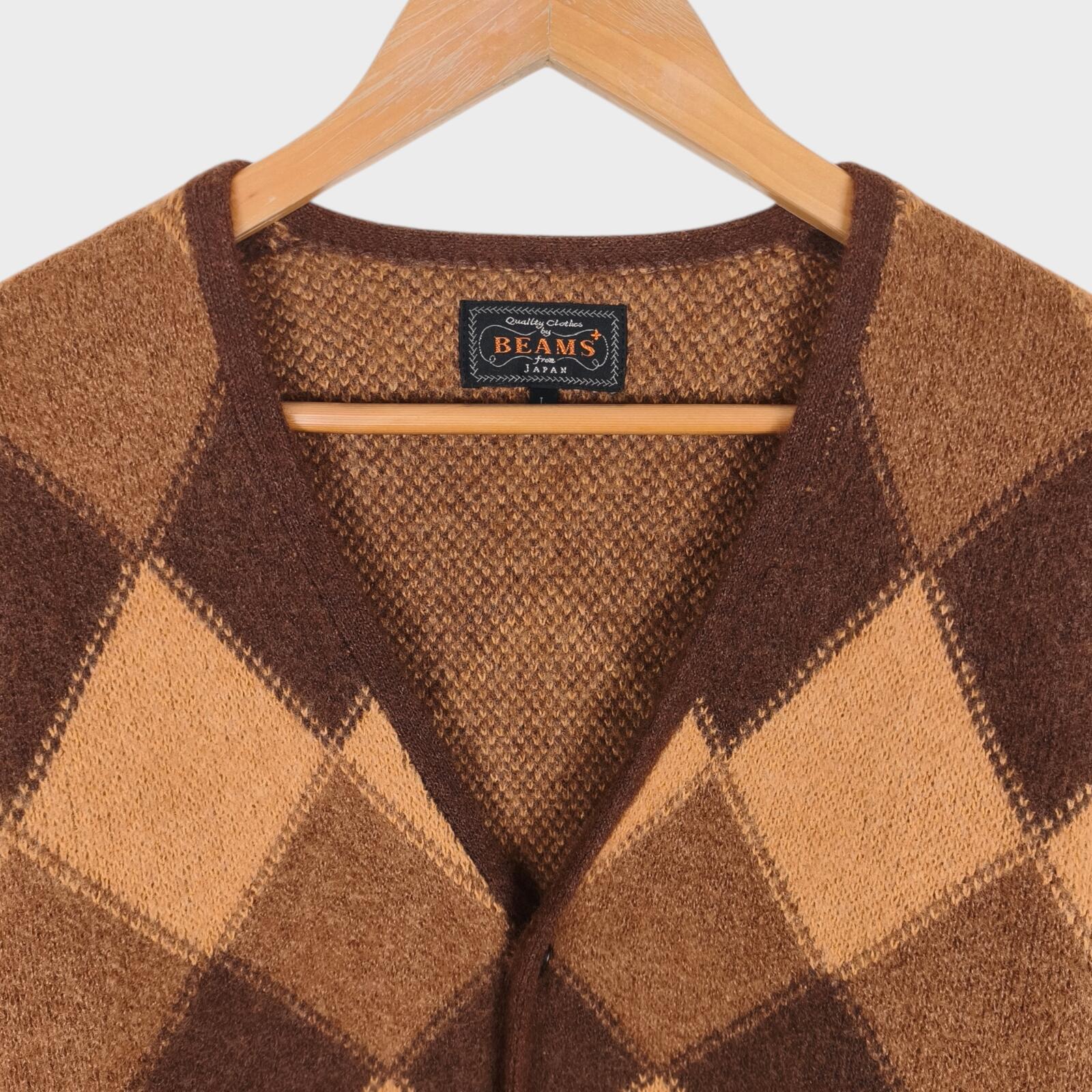 BEAMS PLUS Men's Wool Silk Blend Double Argyle Jacquard Cardigan