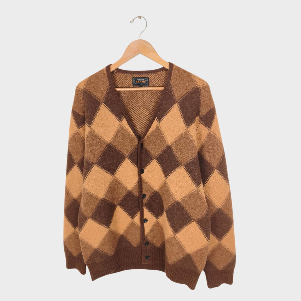 BEAMS PLUS Men's Wool Silk Blend Double Argyle Jacquard Cardigan