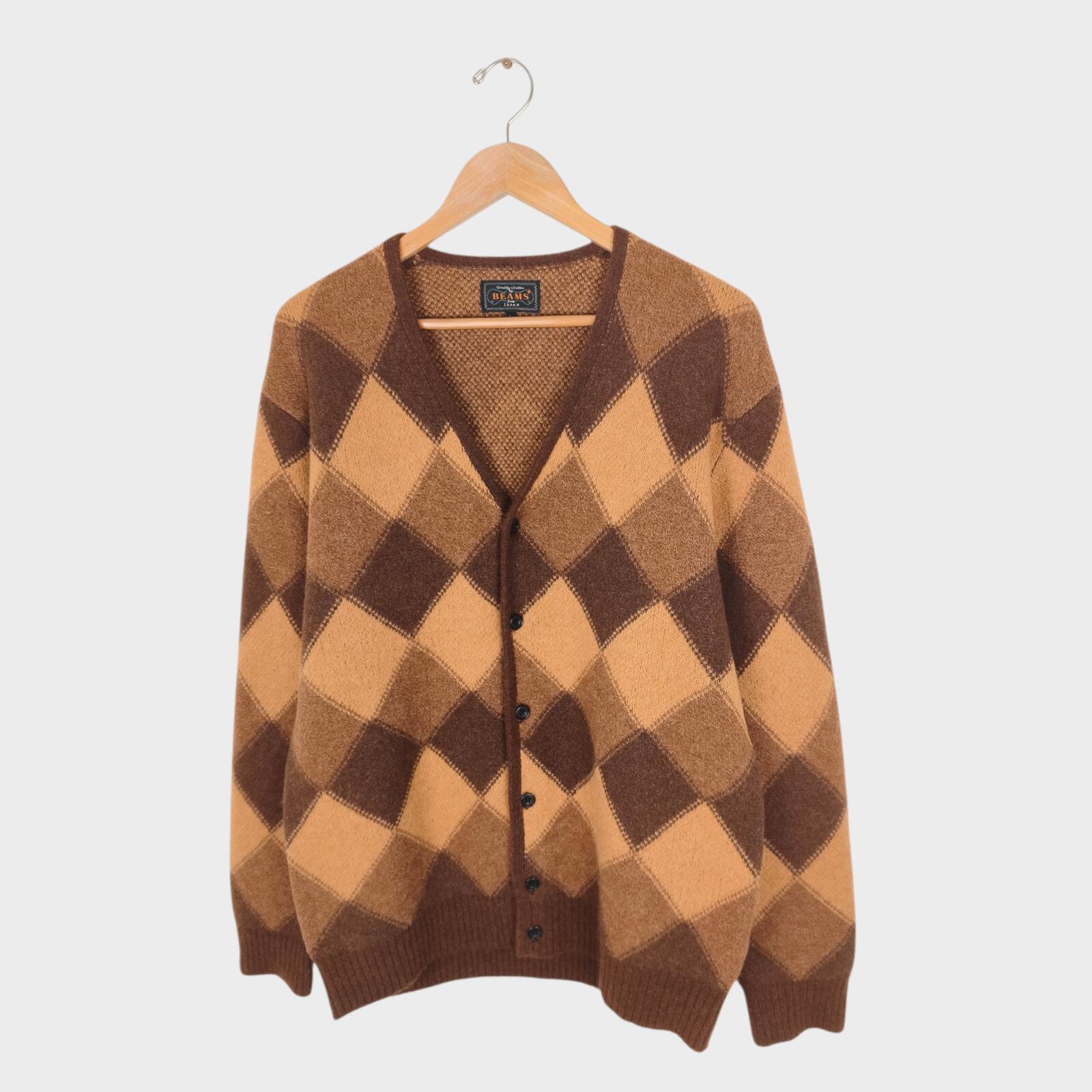 BEAMS PLUS Men's Wool Silk Blend Double Argyle Jacquard Cardigan