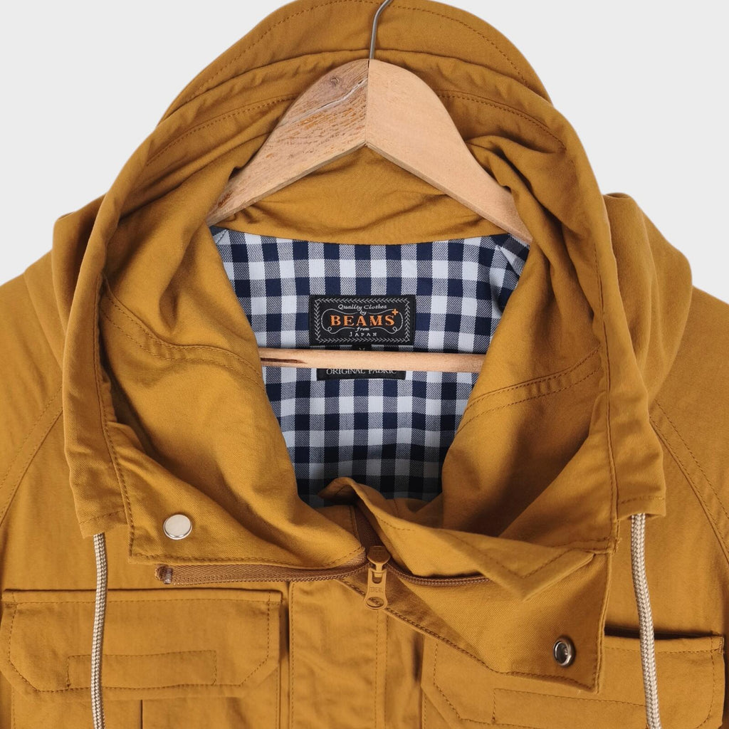 BEAMS PLUS Men's Camel Nylon Gingham Lining Hooded Mountain Parka Jacket