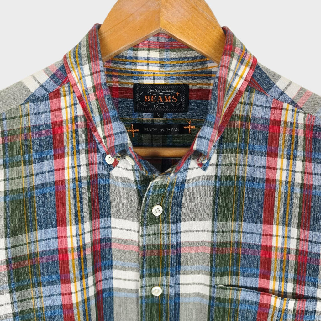 BEAMS PLUS Men's Made in Japan Cotton/Linen Blend Check Shirt