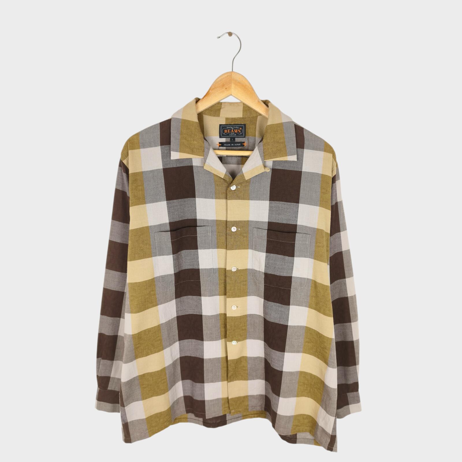 BEAMS PLUS Men's Made in Japan Checked Camp Collar Shirt